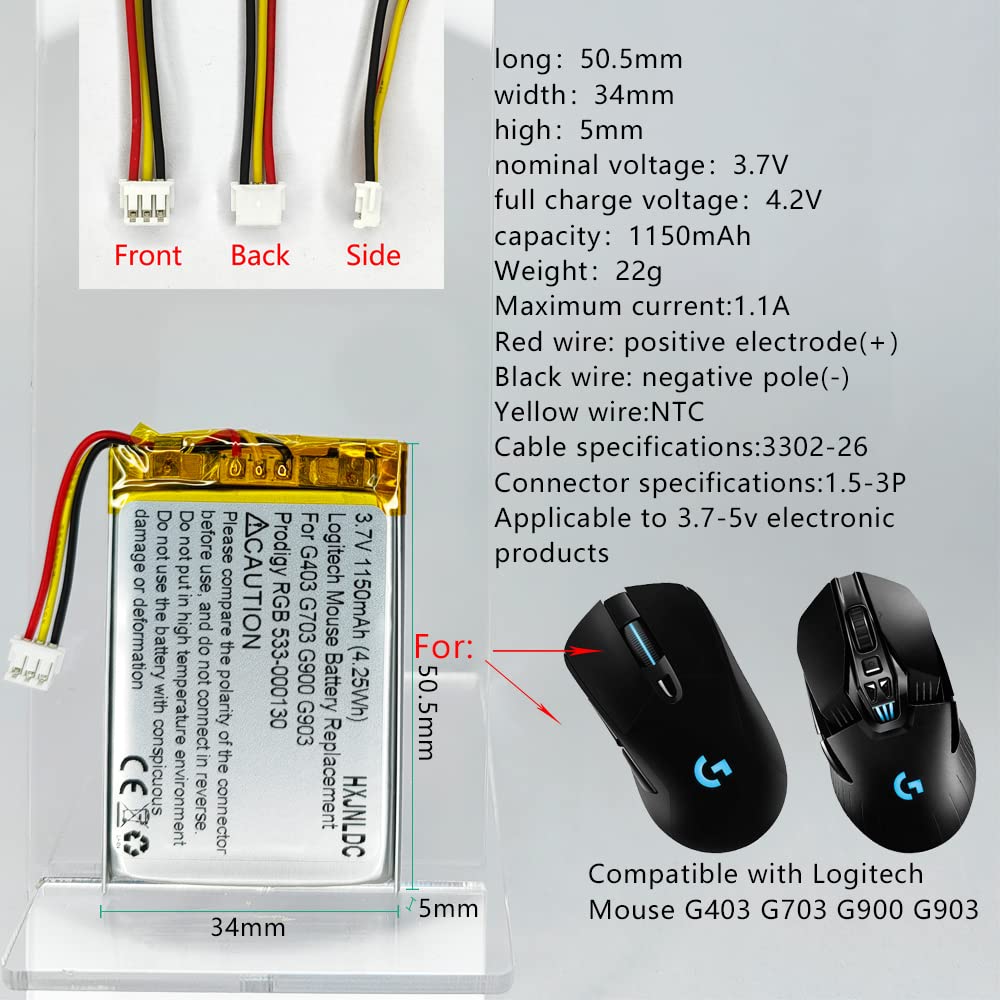 Hxjnldc Dc 3.7V 1150Mah Lithium Polymer Rechargeable Battery For Logitech Wireless Mouse G403 G703 G900 G903 Prodigy Rgb 533 000
