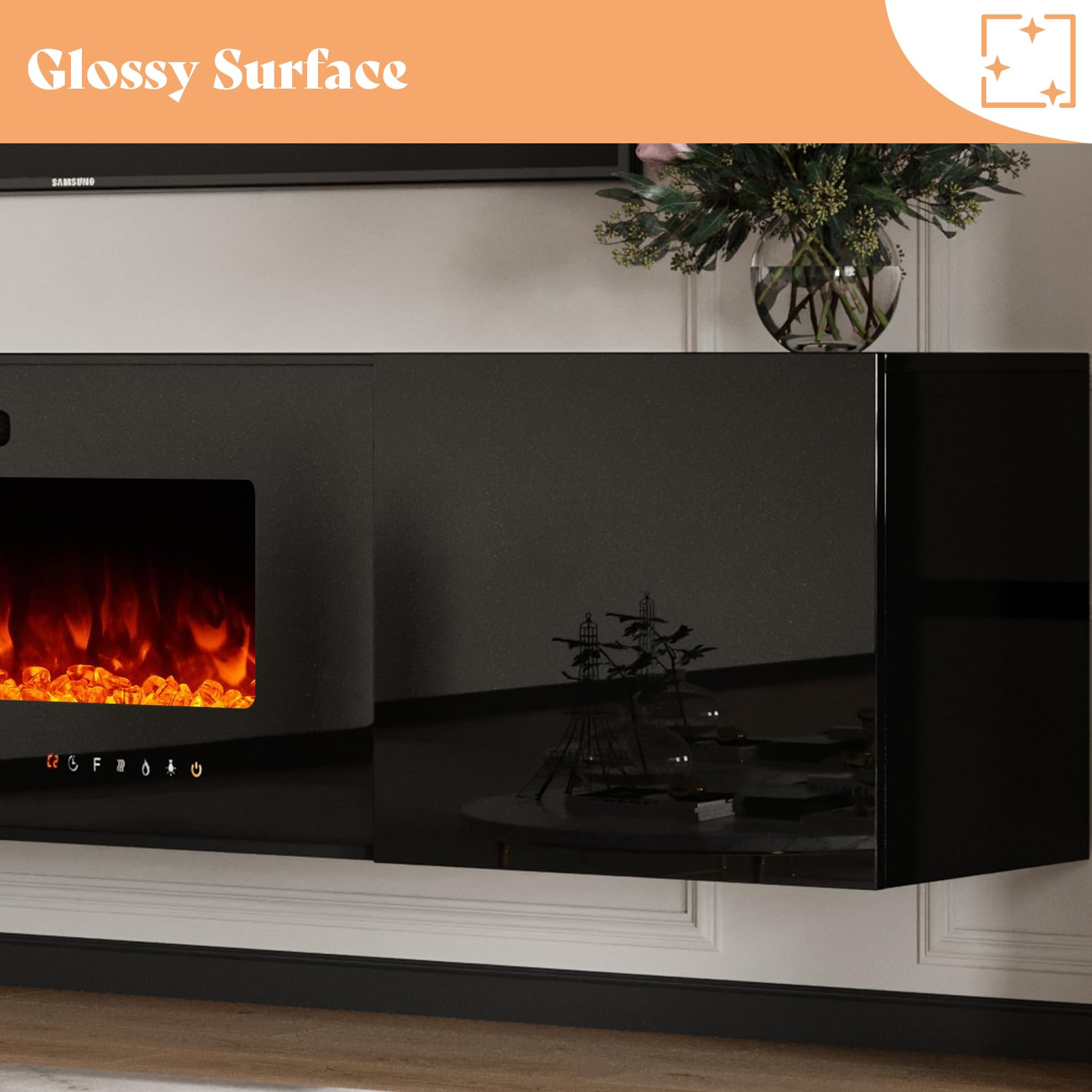 Amerlife Floating Fireplace Tv Stand, Wall Mounted Mirrored Entertainment Center With 40'' Electric Fireplace, Modern Led Lights