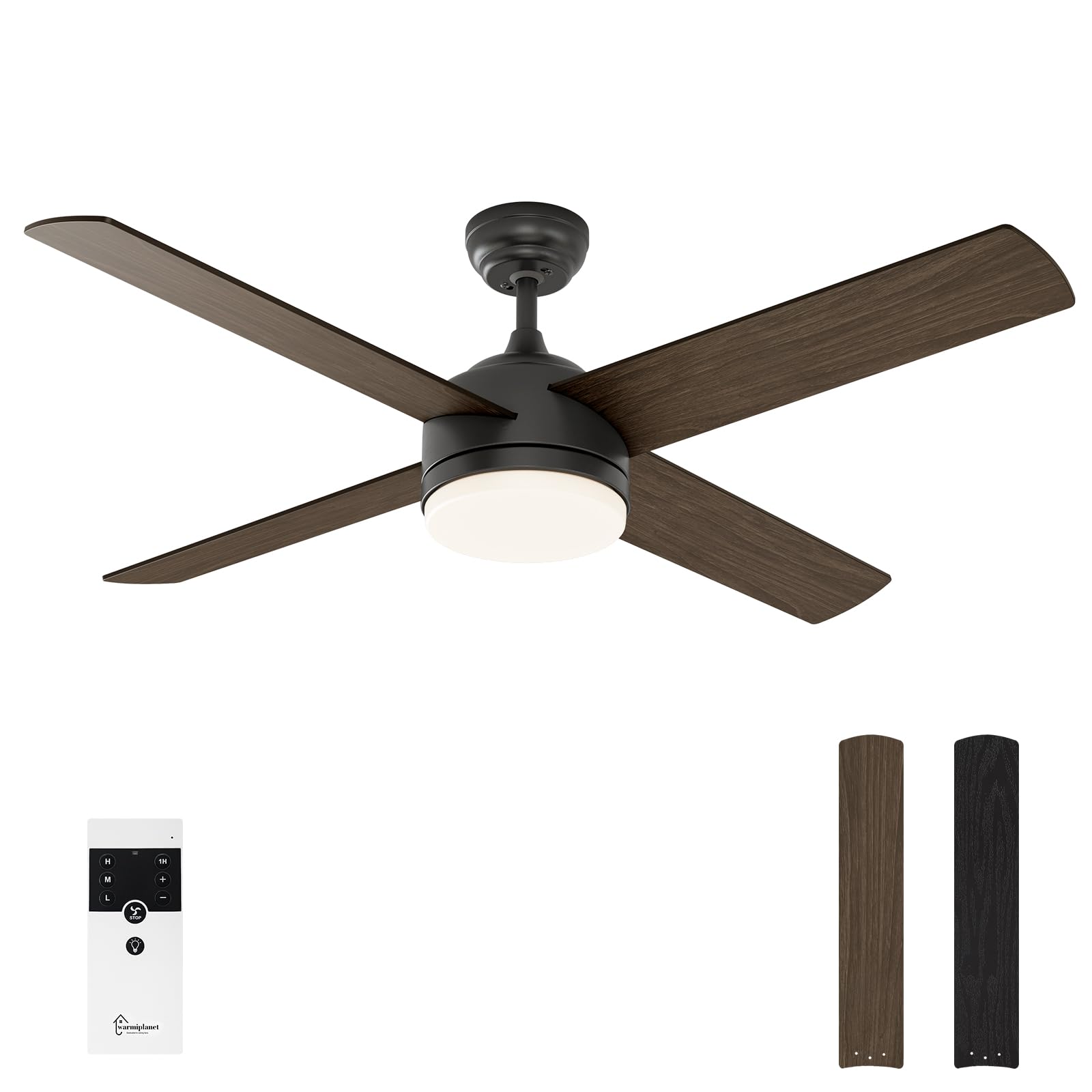 warmiplanet 52 Inch Ceiling Fan with Lights Remote Control for Bedroom,Living Room, Office, Basement, Kitchen, Dining Room, Blac