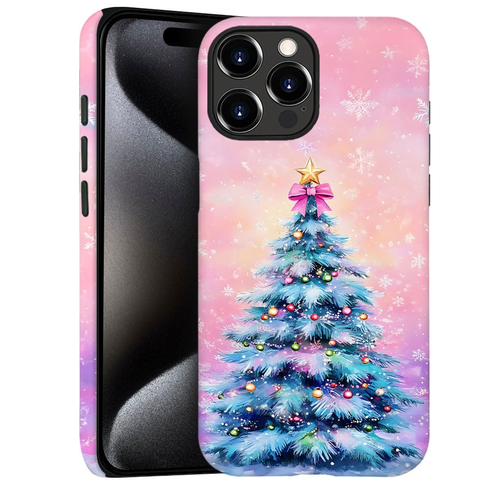 DJSOK Compatible with iPhone 15 Pro Max,Frosted PC Anti-Scratch Shockproof Case - Christmas Tree Pink