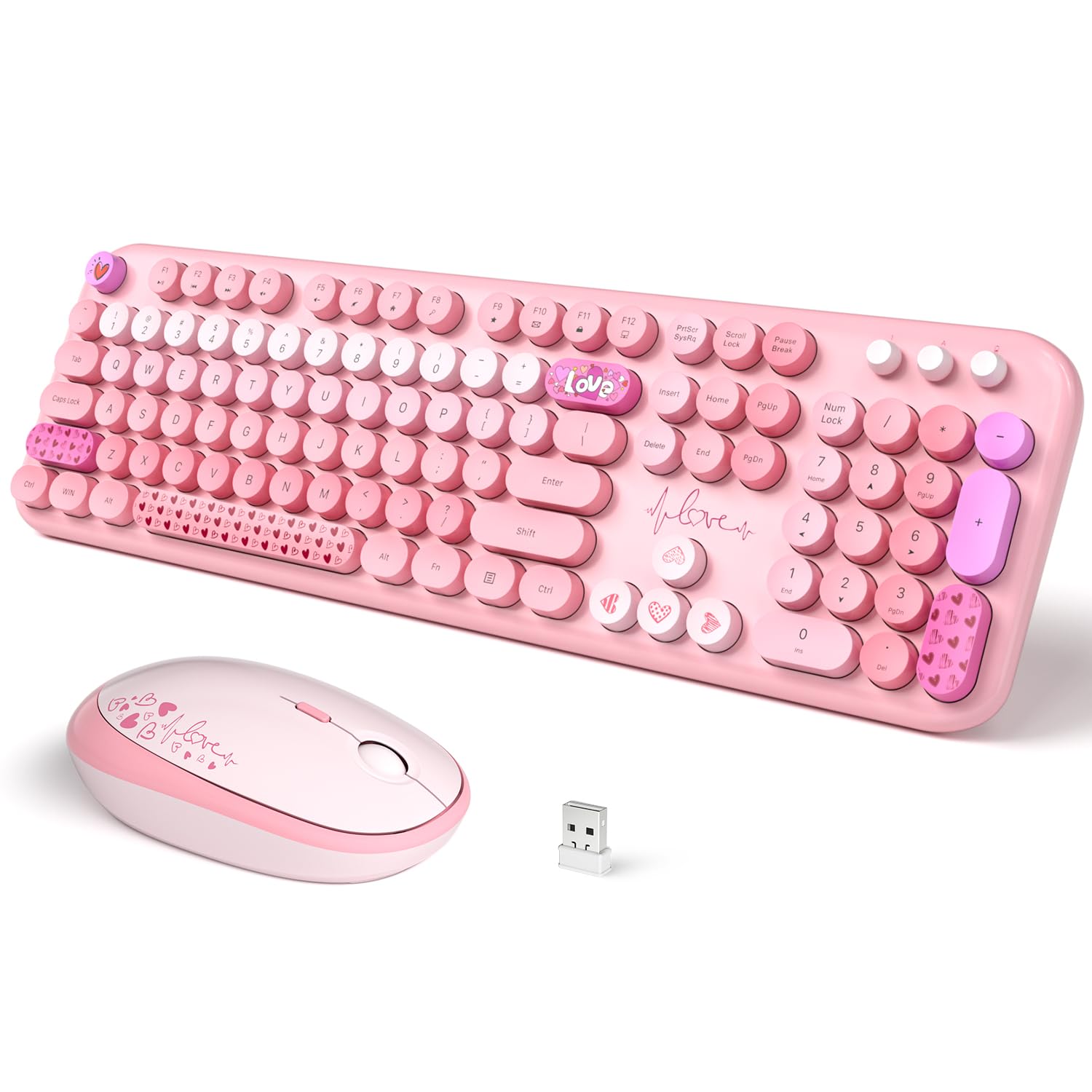 Wireless Keyboard And Mouse, Sqmd Colorful Typewriter Retro Keyboard With Round Keycaps, 2.4Ghz Usb Full Size Keyboard And Mouse
