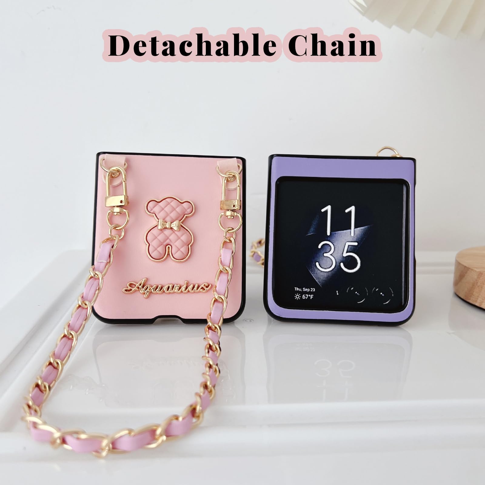 For Moto Razr Plus 2023 Case Cute Bear Design For Women Girls, Luxury Leather Protective Slim Case With Chain For Motorola Razr