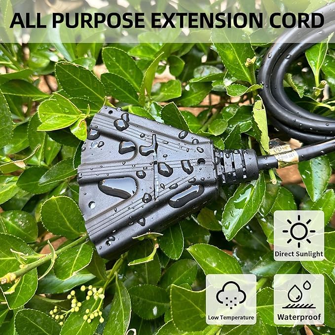Yojoe 3 Outlets 12 Ft Black Indoor Outdoor Extension Cord, 15A Weatherproof Power Cord With 3 Prong Grounded Plug, 10 Gauge Heav