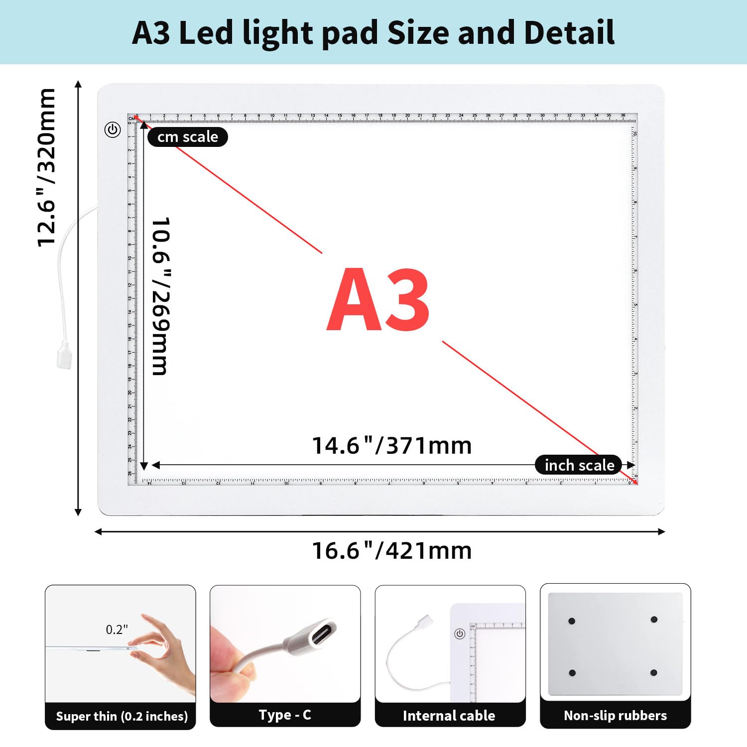 Zocelight A3 Light Pad For Diamond Painting Kit,4800Lux Super Bright 5Mm Ultra Thin Diamond Art Light Board With Stand And Clip,