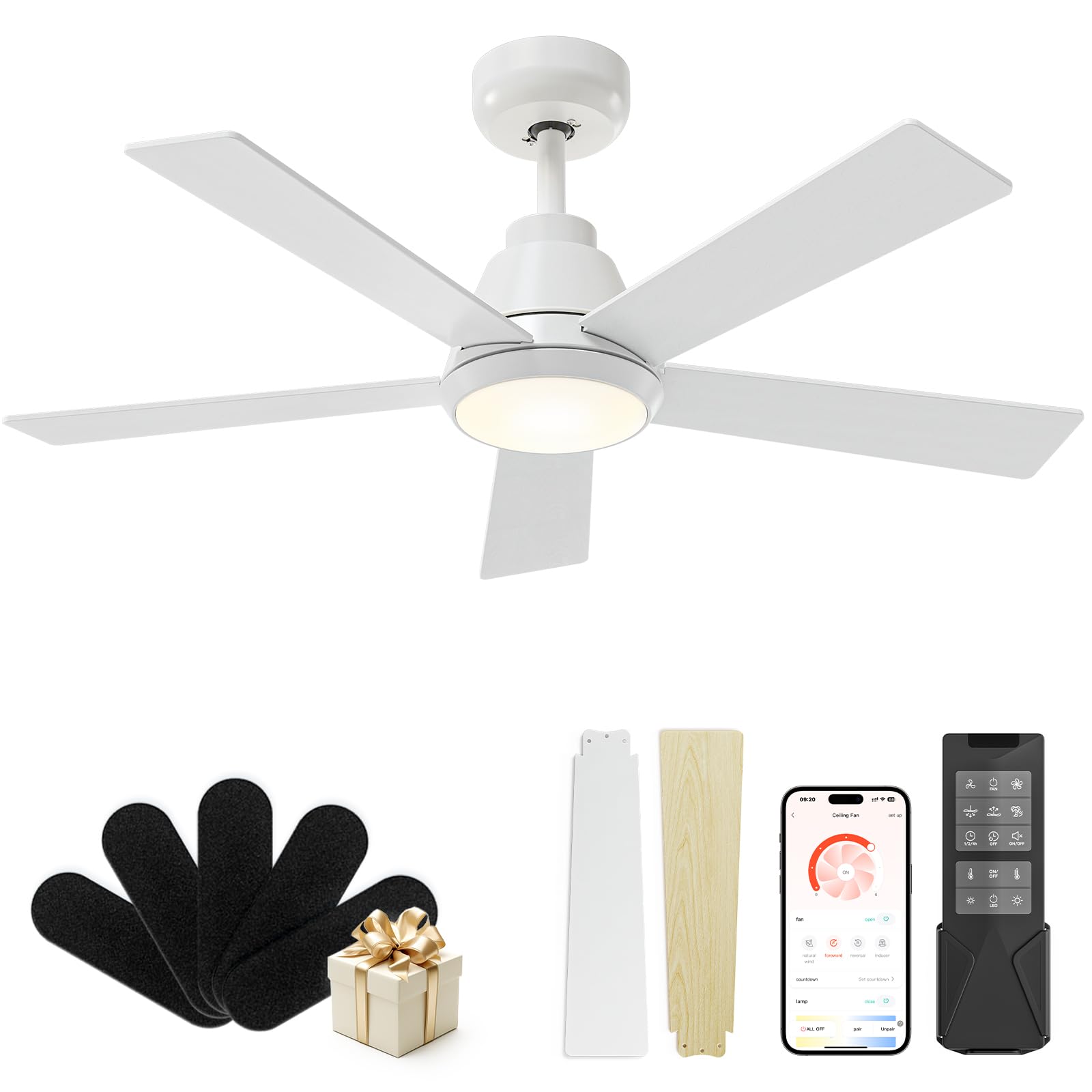 CubiCubi Ceiling Fan, 42 White Ceiling Fans with Lights and Remote/APP Control, Quiet, 3000-6500K Dimmable, Modern Ceiling Fan w
