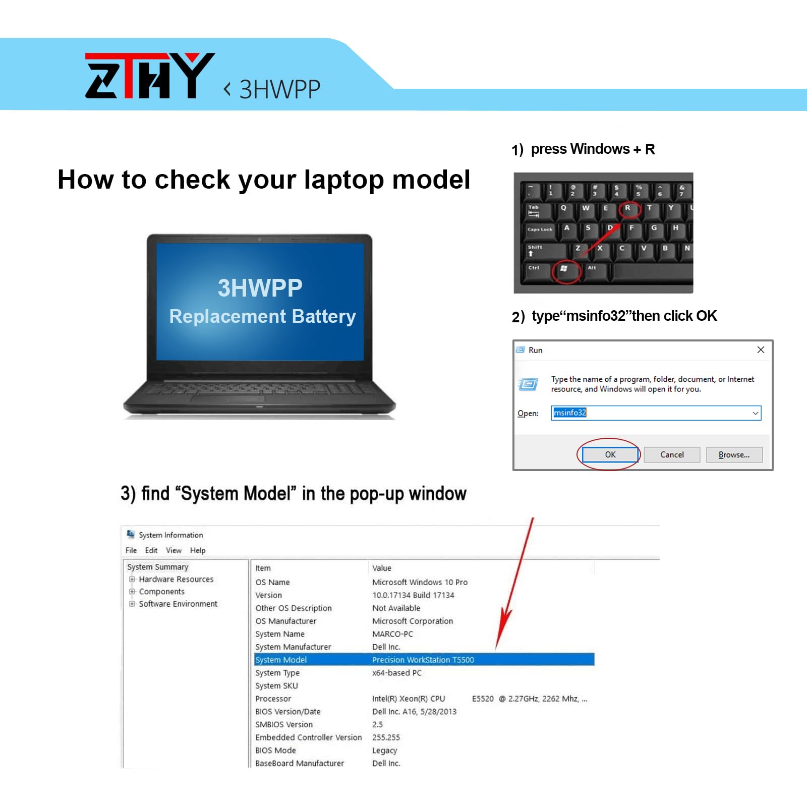 Zthy 68Wh 3Hwpp Battery Replacement For Dell Latitude 5401 5410 5411 5501 5510 5511 Precision 3541 3550 3551 Inspiron 7706 2-In-