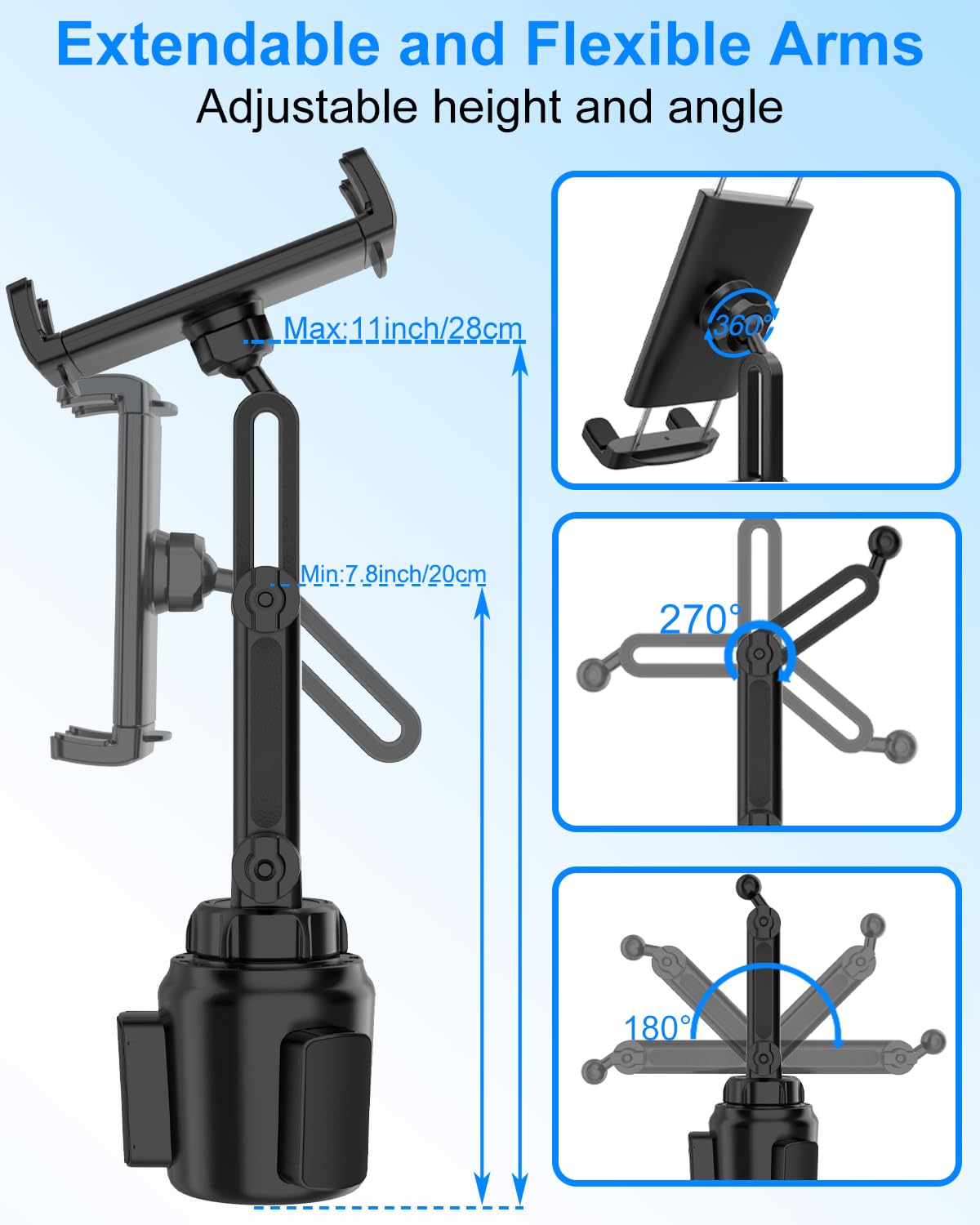 Kolasels Cup Holder Tablet Mount For Car, 360� Adjustable Ipad Cup Holder Mount, Cup Holder Tablet Holder For Truck, Compatible With Ipad Pro Air Mini, Galaxy Tabs, 4.7 12.9' Tablet & Phone