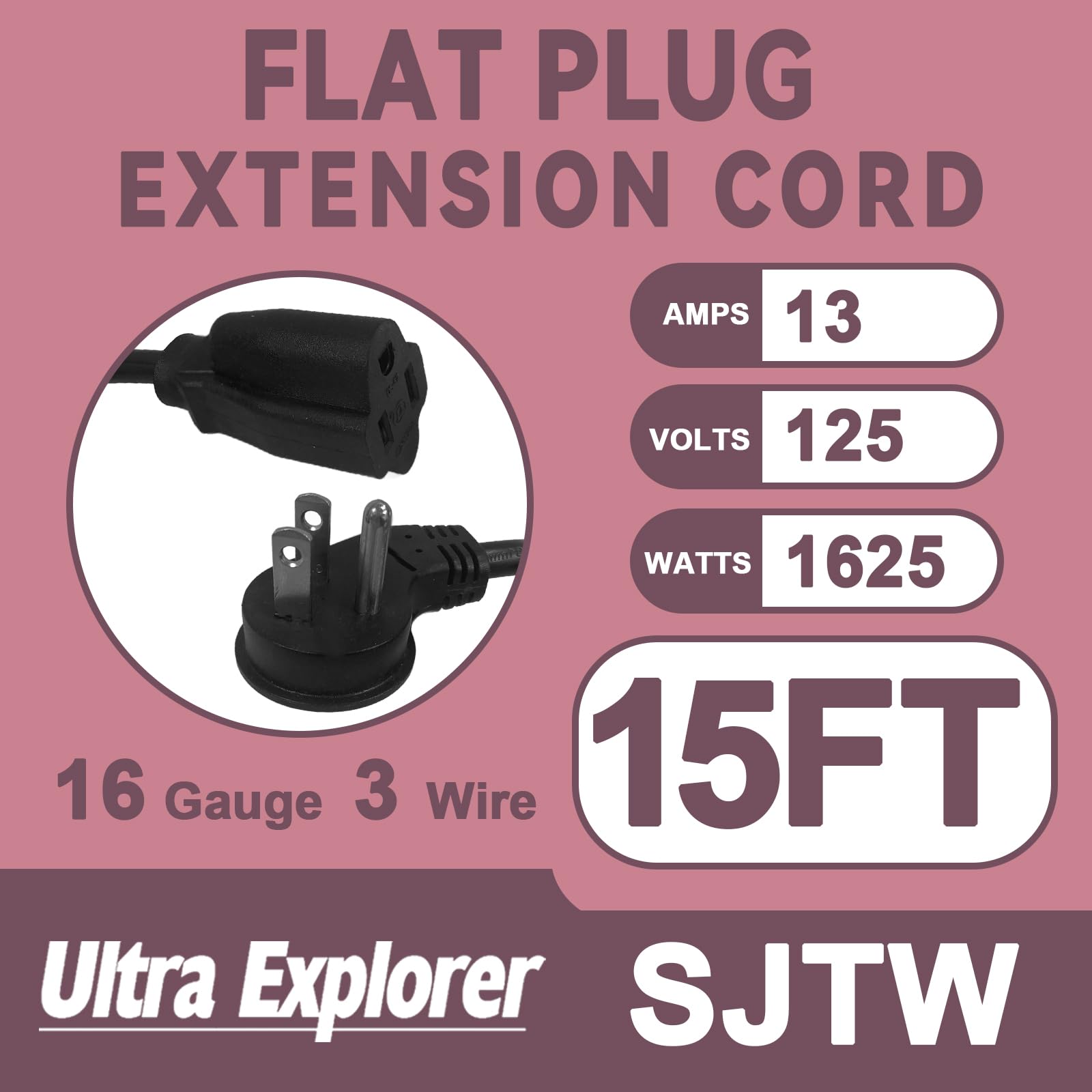 Ultra Explore 15 Ft Flat Plug Extension Cord, 16 Awg 3 Prong Grounded Extension Cord Black Flat Plug, Low Profile15 Extension Wi