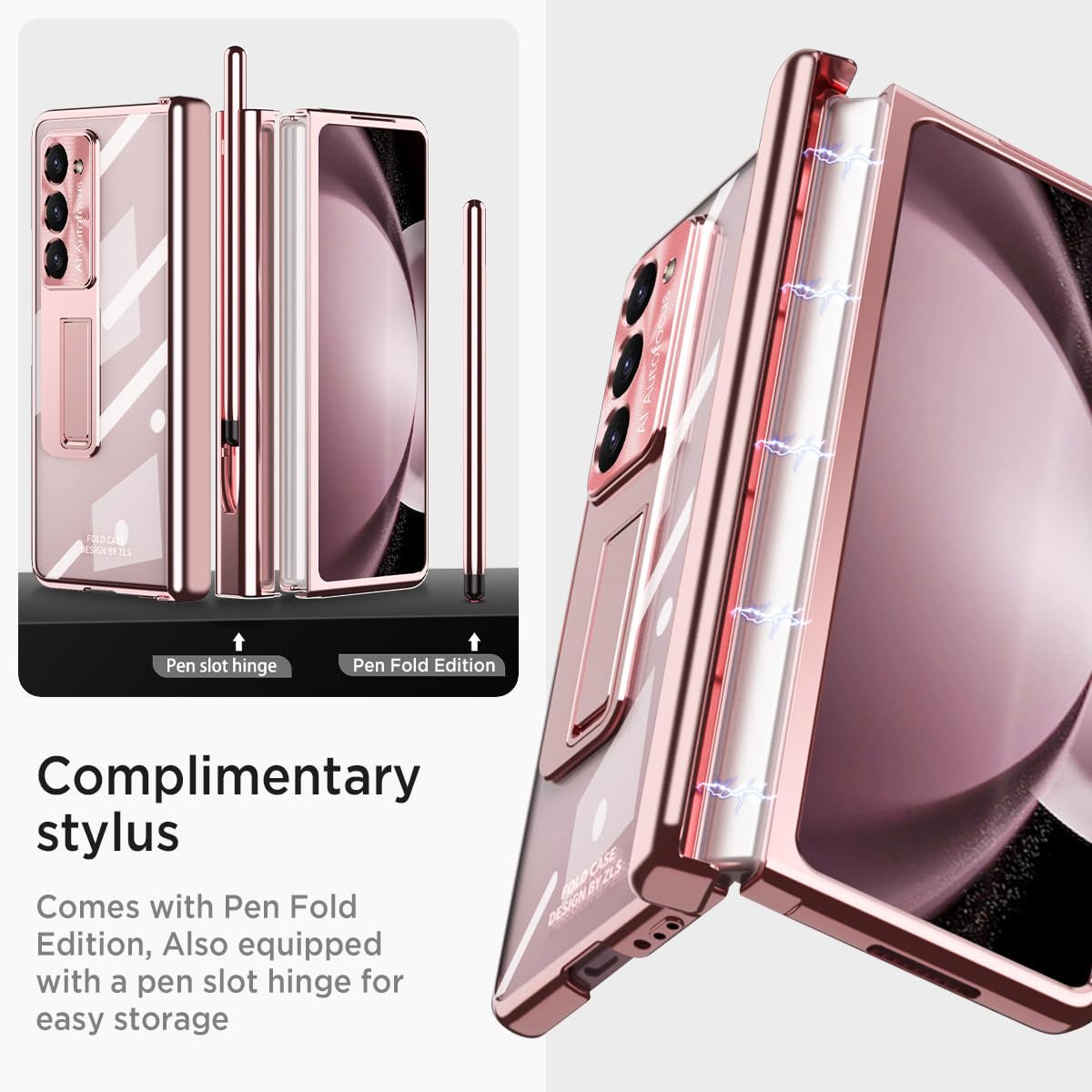 Miimall Samsung Z Fold 5 Case, Clear, With S Pen, Hinge Protection, Tempered Glass Screen Protector, Holder, Kickstand (Rose Gol