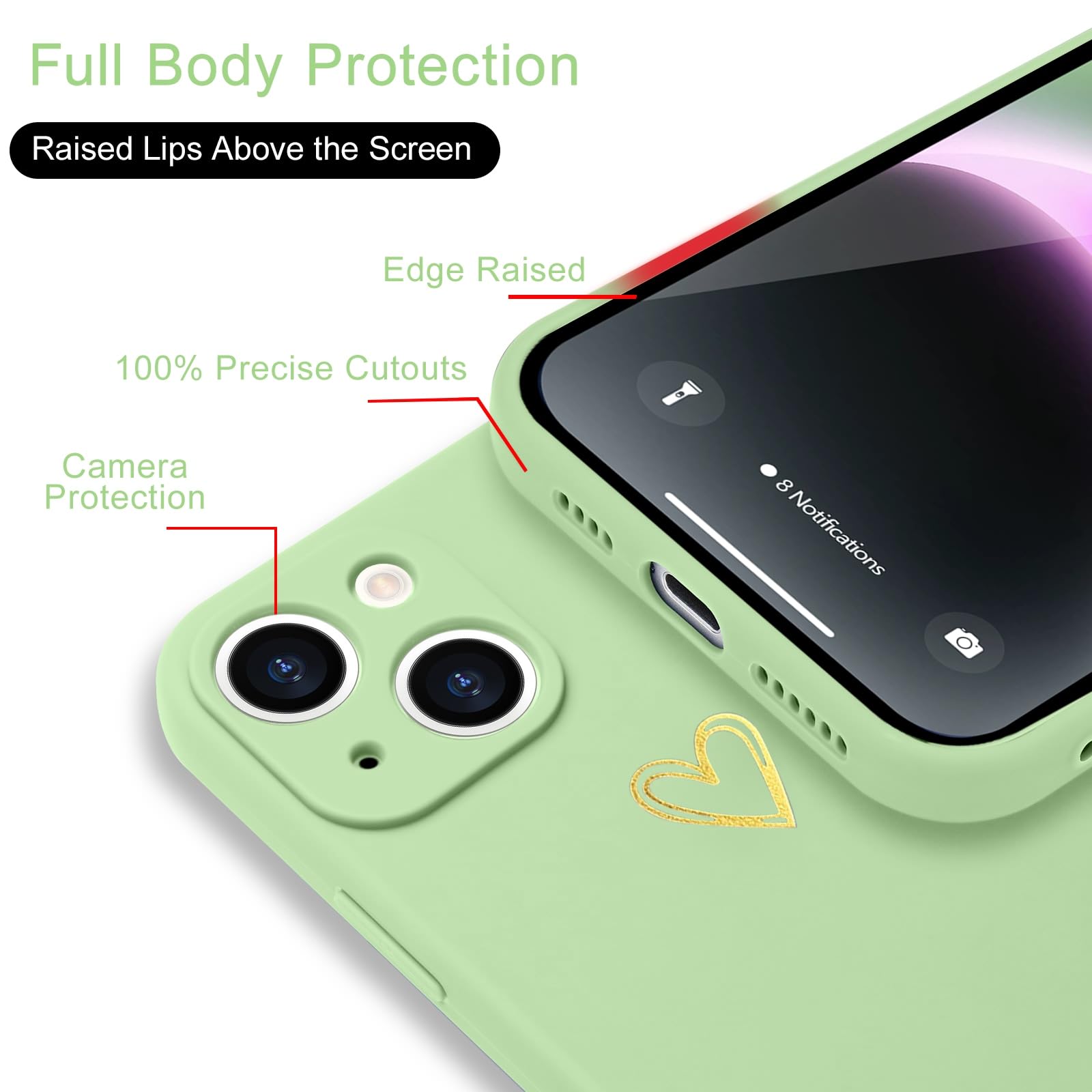 Wirvyuer For Iphone 14 Case Cute Heart Pattern Soft Shockproof Protective Silicone Phone Case For Women Girls, Lime Green