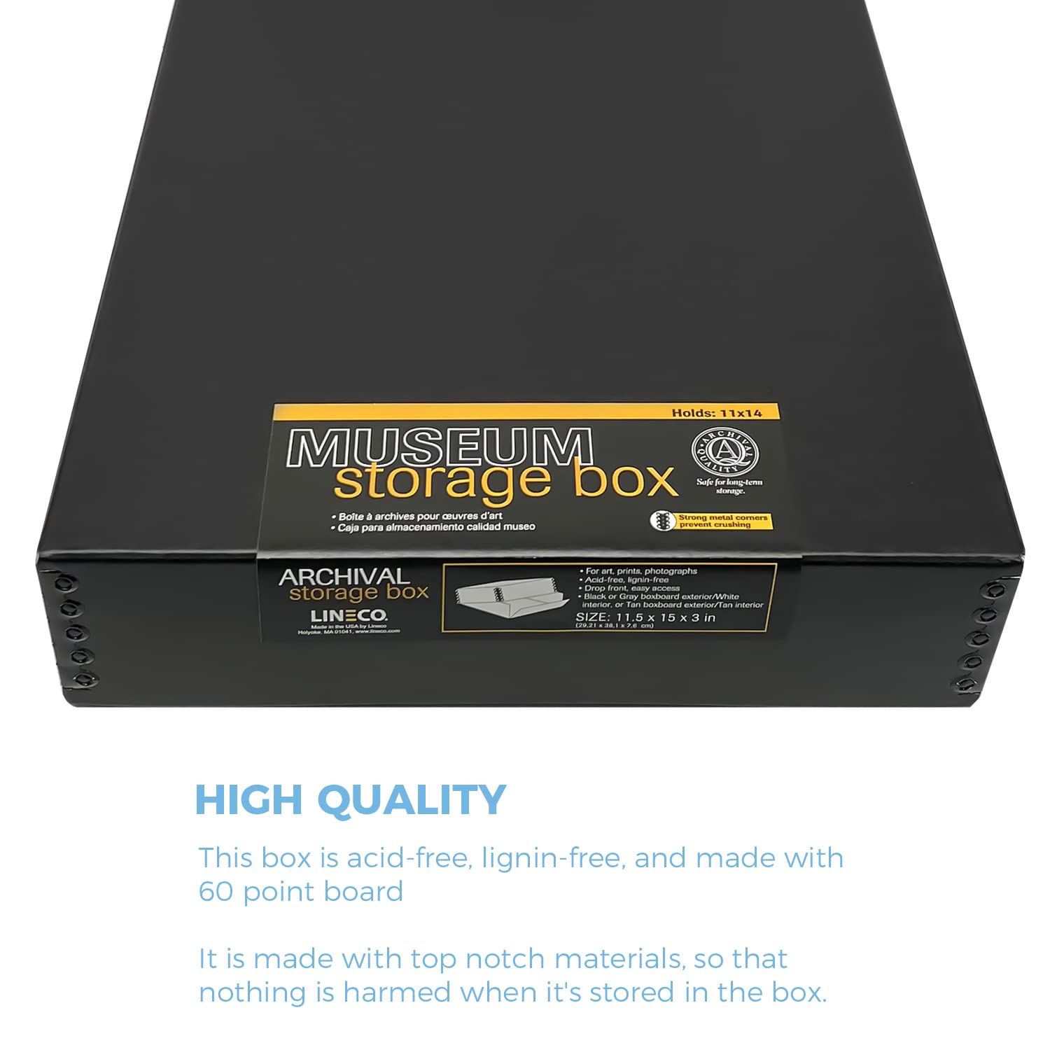 Lineco 11X14 Black Museum Archival Storage Box, Drop Front Design, 11 1/2 X 15 X 3 In. Acid Free With Metal Edge. Preserves Picture Longevity, Organize Photos Or Documents, Crafts, Diy.