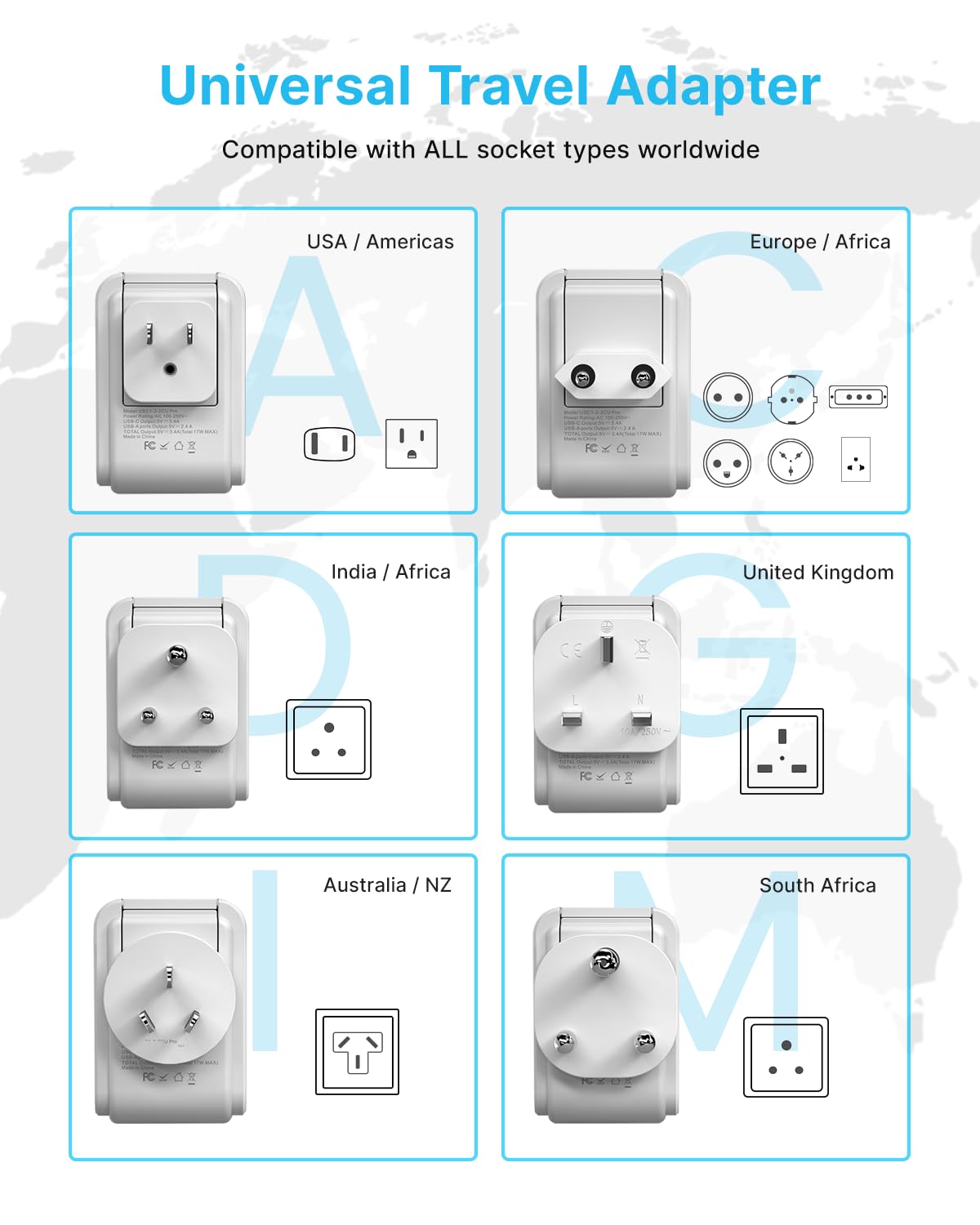 Vintar Universal Travel Adapter Kit, International Power Adapter With 3 Usb Ports (2 Usb C) 4 Ac Outlets, Type A,C,G,D,I,M Detac