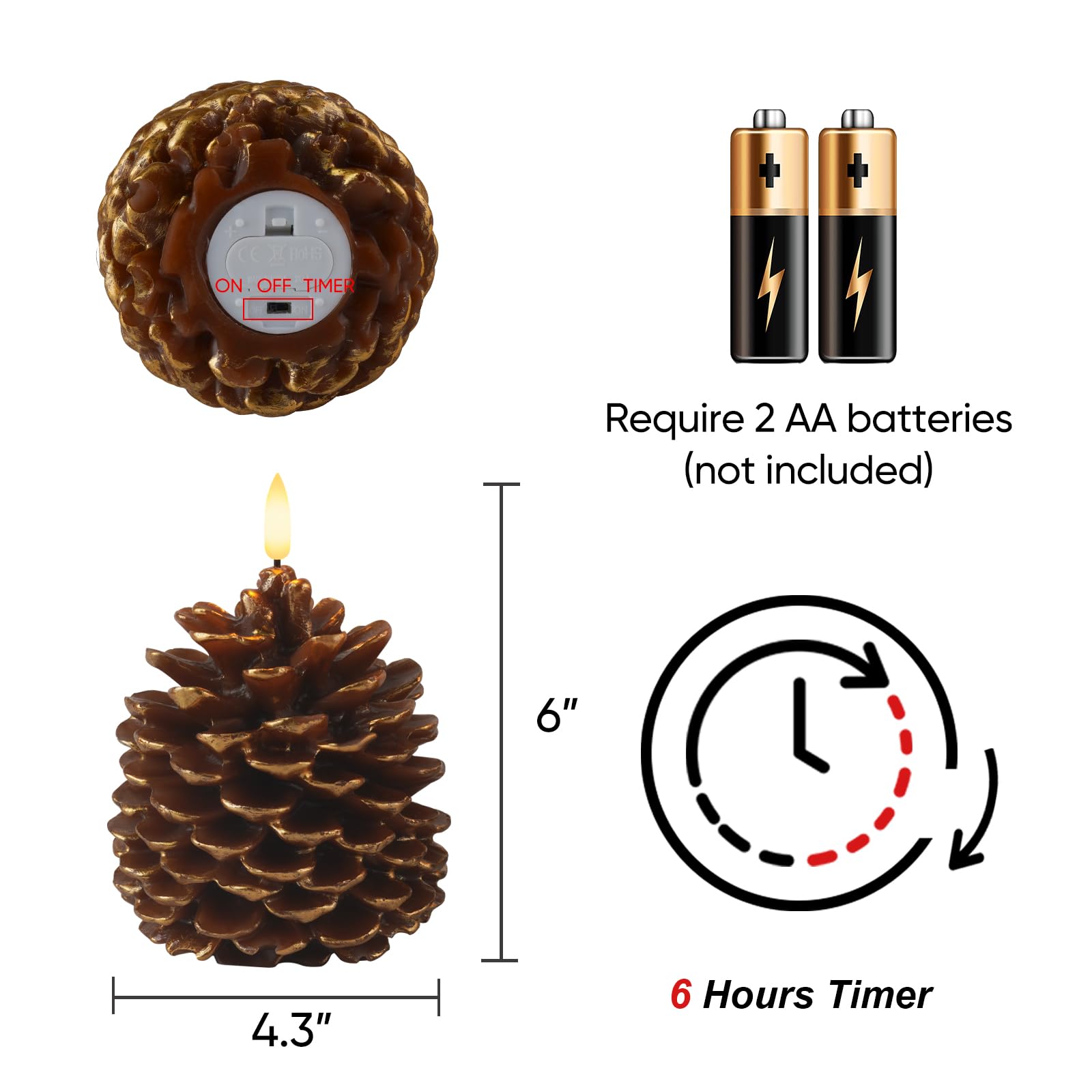 Homemory 2 Pcs Led Pine Cone Candles, Flameless Candles With 6H Timer, Battery Operated Flickering Candles, Real Wax Pinecone Ca