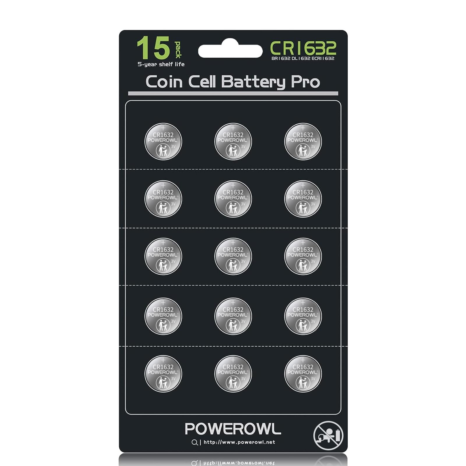 Powerowl High Capacity Cr1632 Battery (15 Pack) Cr 1632 3V Lithium Batteries, 10 Years Leak Free