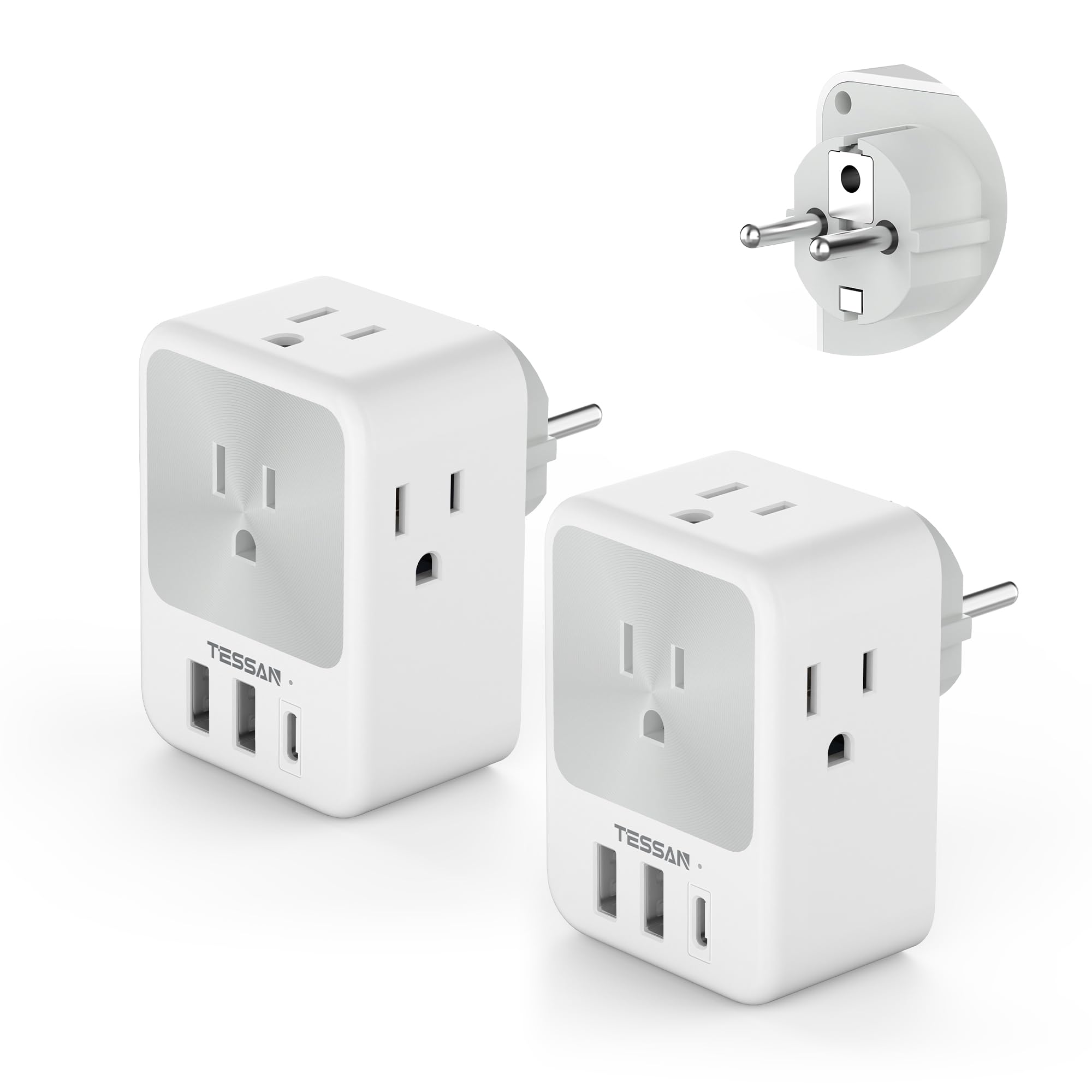 Tessan Type E F Plug Adapter 2 Packs, Germany France Travel Power Adapter, Schuko Adaptor With 4 Outlets 3 Usb Ports (1 Usb C),