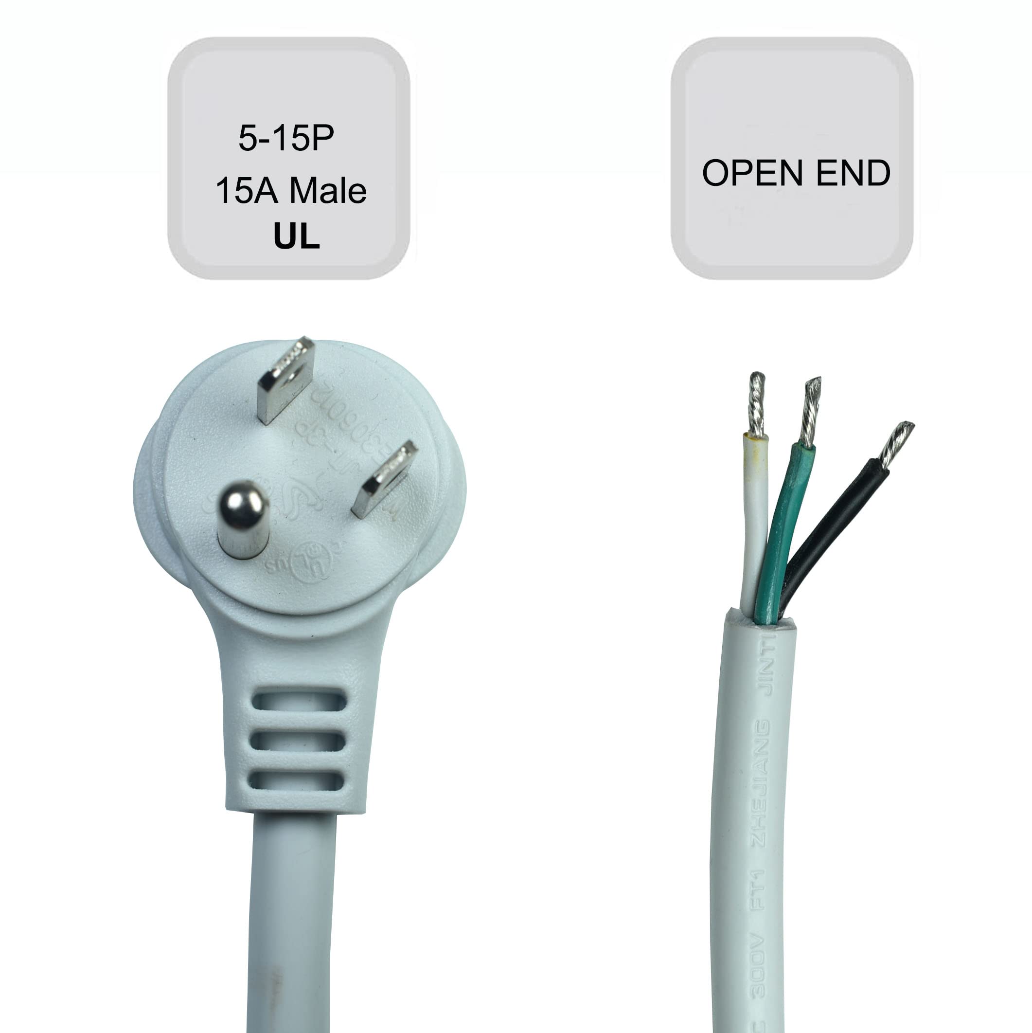 3 Prong 6Ft Power Cord Pigtail,Heavy Duty 16 Gauge Power Supply Cord With Open End,Right Angle Flat Plug Replacement Power Cable