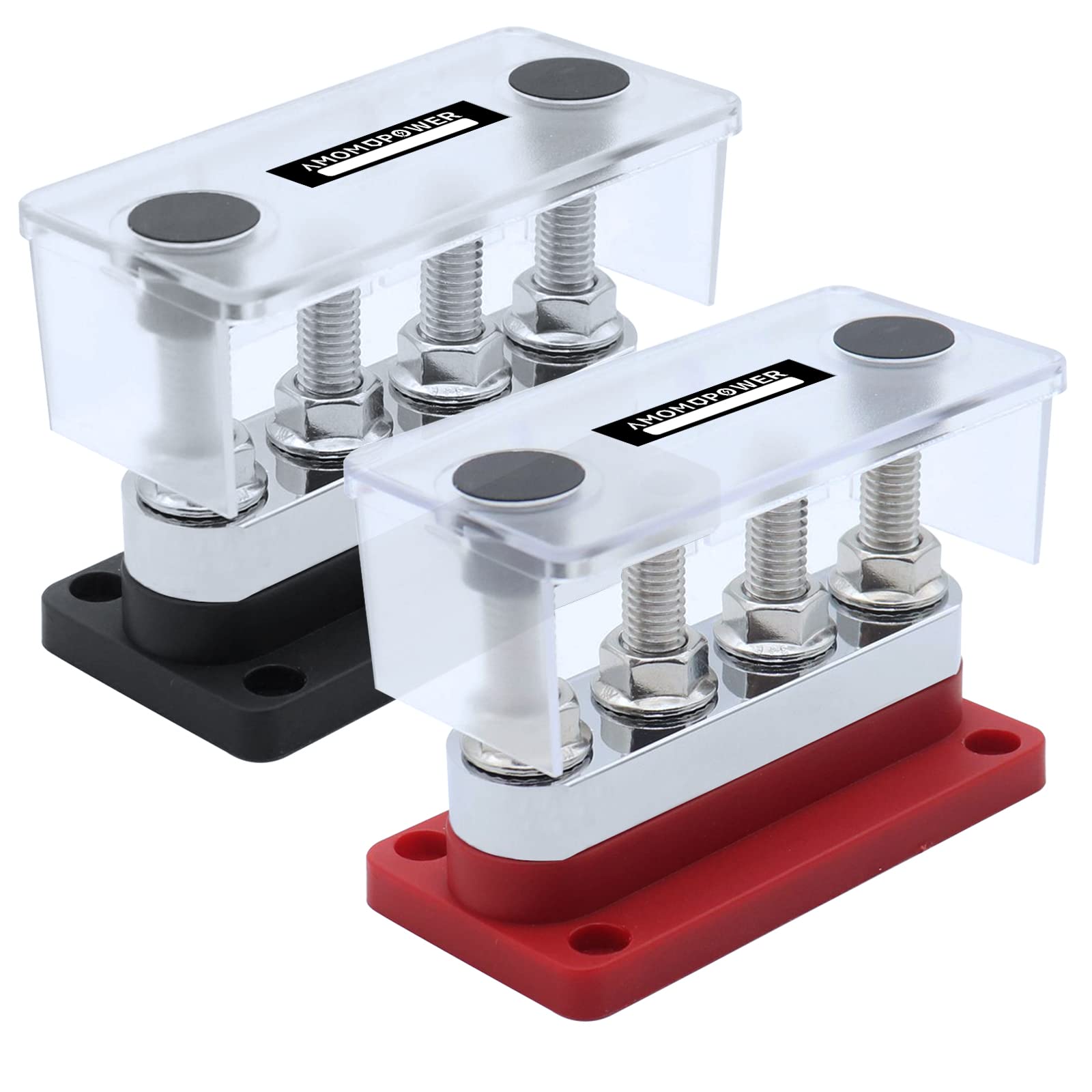 Amomd 2Pcs 600A Bus Bar 4 Studs (3/8 Inch) M10 High Current Nickel Plated Copper Distribution Block Negative Electrical Battery