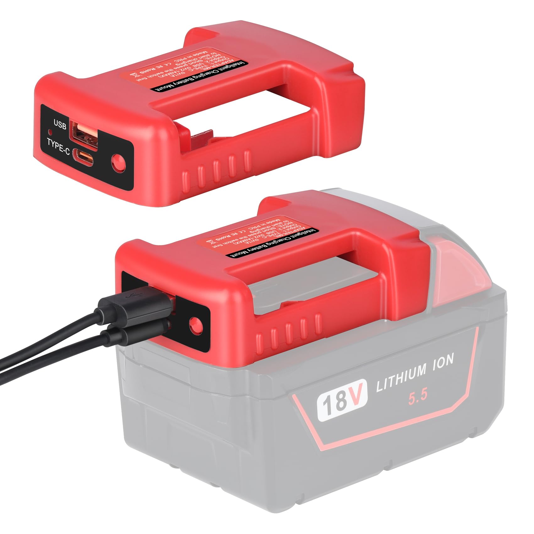 Kunlun 2 Pack Usb Charger Adapter Compatible For Milwaukee M18 18V Battery, Dual Output Port With Usb And Type C Charging Interf