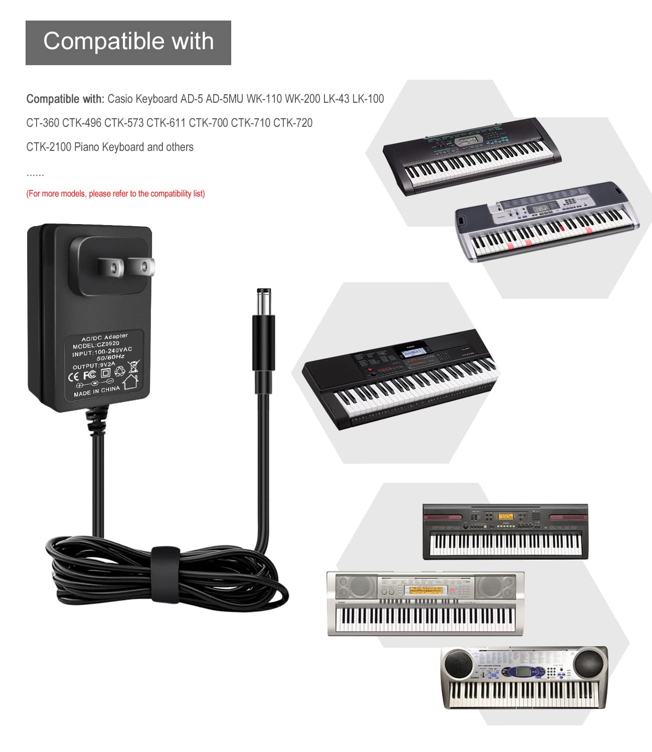 9V Power Adapter Fit For Casio Keyboard Ad 5 Ad 5Mu Wk 110 Wk 200 Lk 43 Lk 100 Ct 360 Ctk 496 Ctk 573 Ctk 611 Ctk 700 Ctk 710 Ct