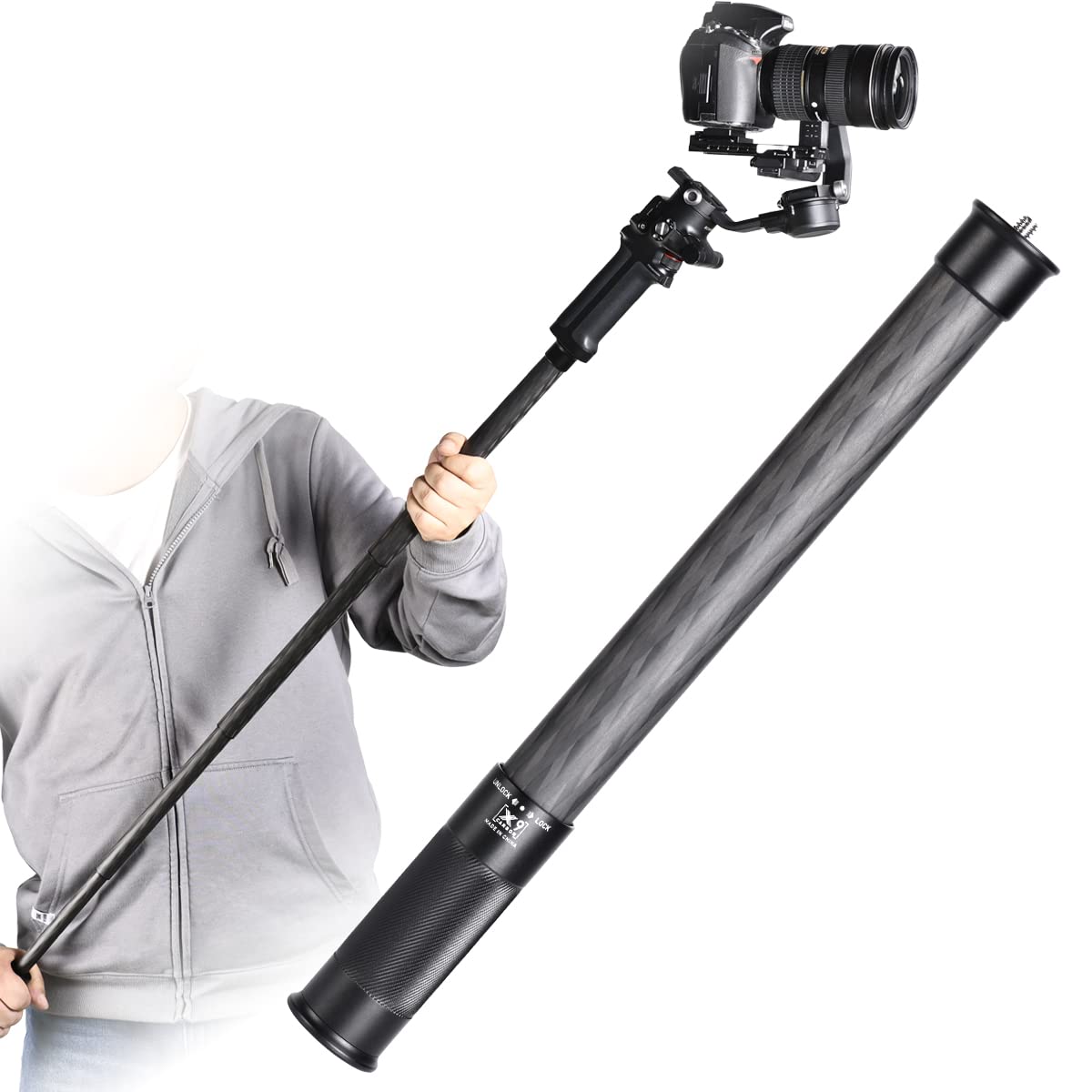 Carbon Fiber Extension Pole,Fast Twisting Lock 4 Section Tube,1/4' Screw Mount Compatible With Camera Phone Gimbal Stablizer Gopro Dji Osmo,Lightweight Digital Camera Selfie Stick