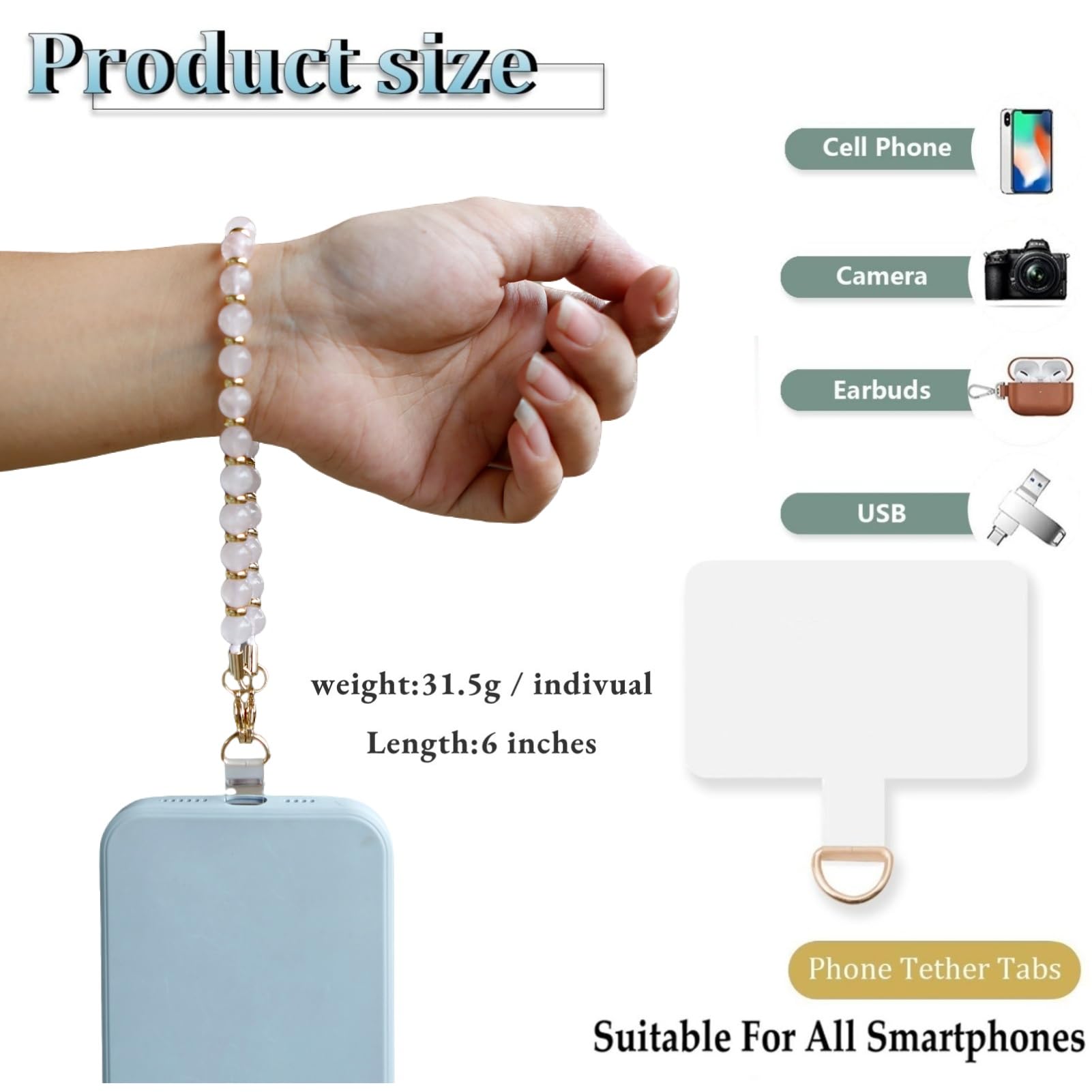 Lostars Marble Beaded Iphone Wrist Strap,Detachable Phone Bracelet Strap With Tether Tab,Hands Free Phone Wristlet Strap (Pink 2