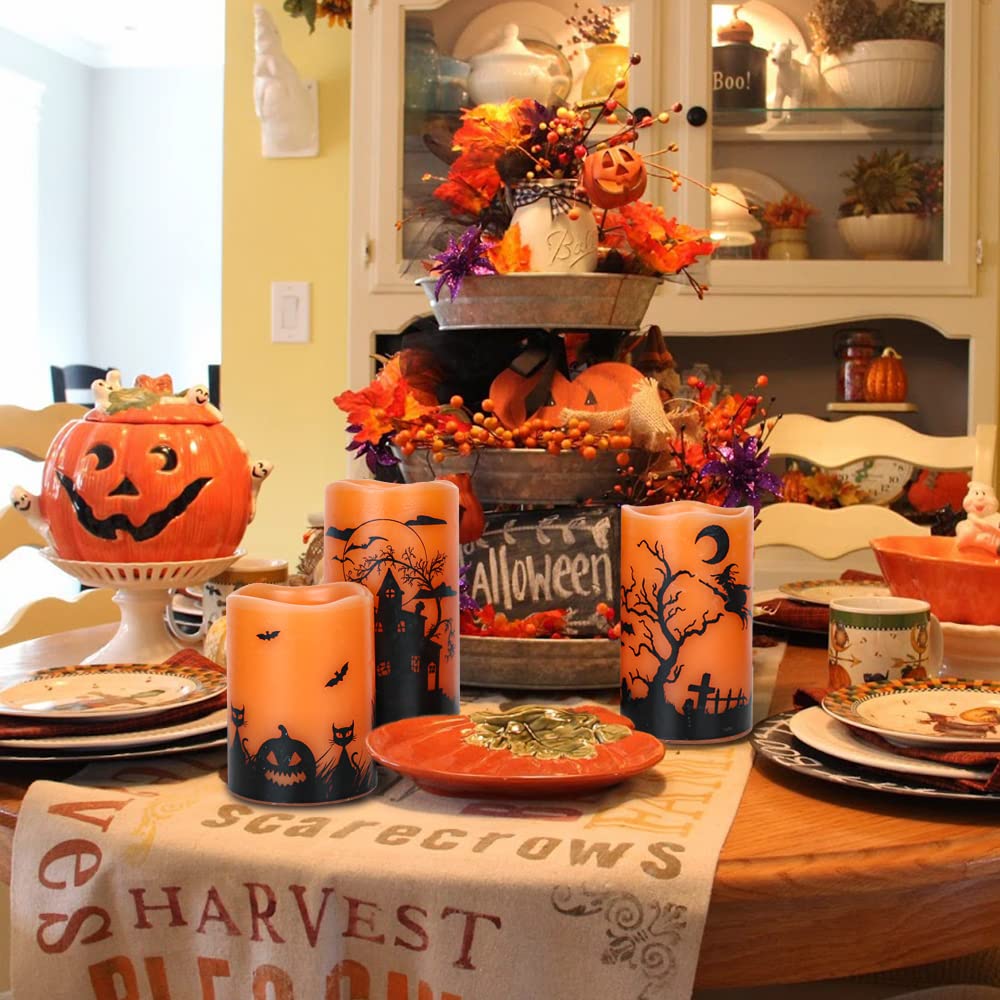 Wondise Halloween Flickering Flameless Candles With 6 Hour Timer, Battery Operated Led Real Wax Candles Set Of 3 Halloween Home