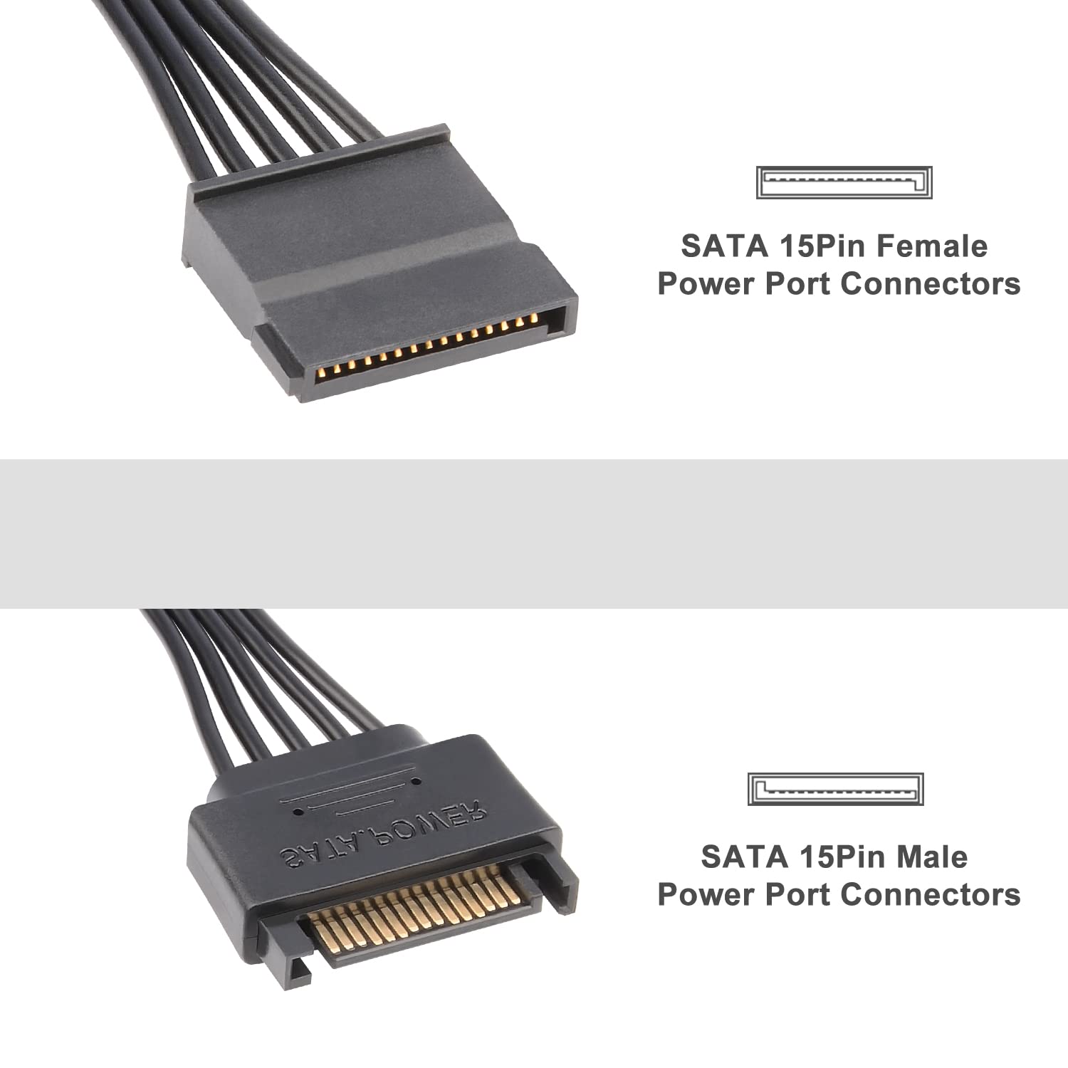 J&D 15 Pin Sata Power Extension Cable (2 Pack), Sata Male To Female Cable, Sata Power Cable Extension, 10 Inch, Black