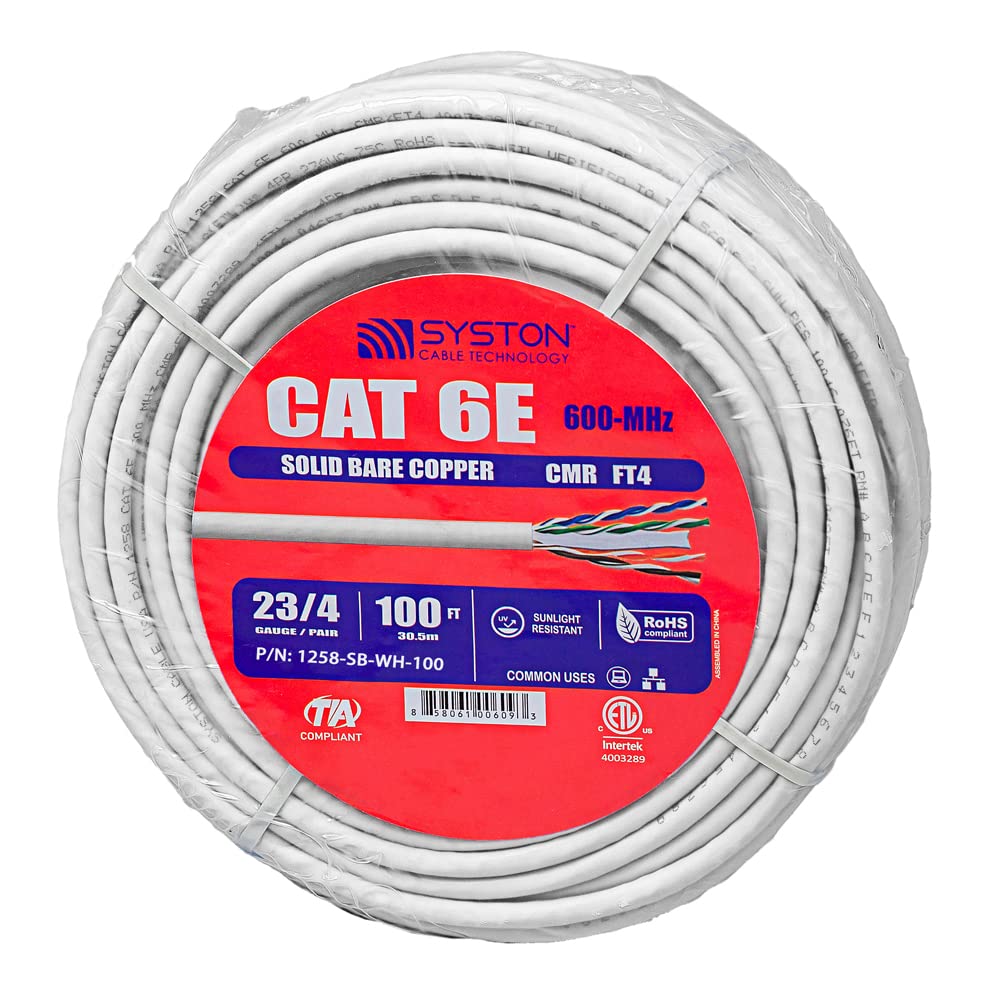 Syston Cable Technology Cat6E Ethernet Internet Cable   100 Ft,600Mhz 23Awg Solid Bare Copper Wire Outdoor/Indoor Suit, No Ends 10 Ft To 1000 Ft Available, Heat Resistant Riser Rated   Cmr