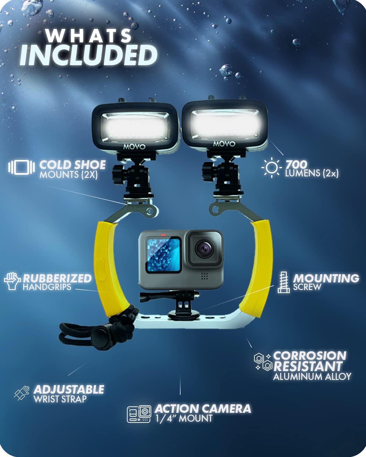 Movo Diverig3 Diving Rig Bundle With 2 Waterproof Led Lights   Compatible With Gopro Hero3, Hero4, Hero5, Hero6, Hero7, Hero8, A