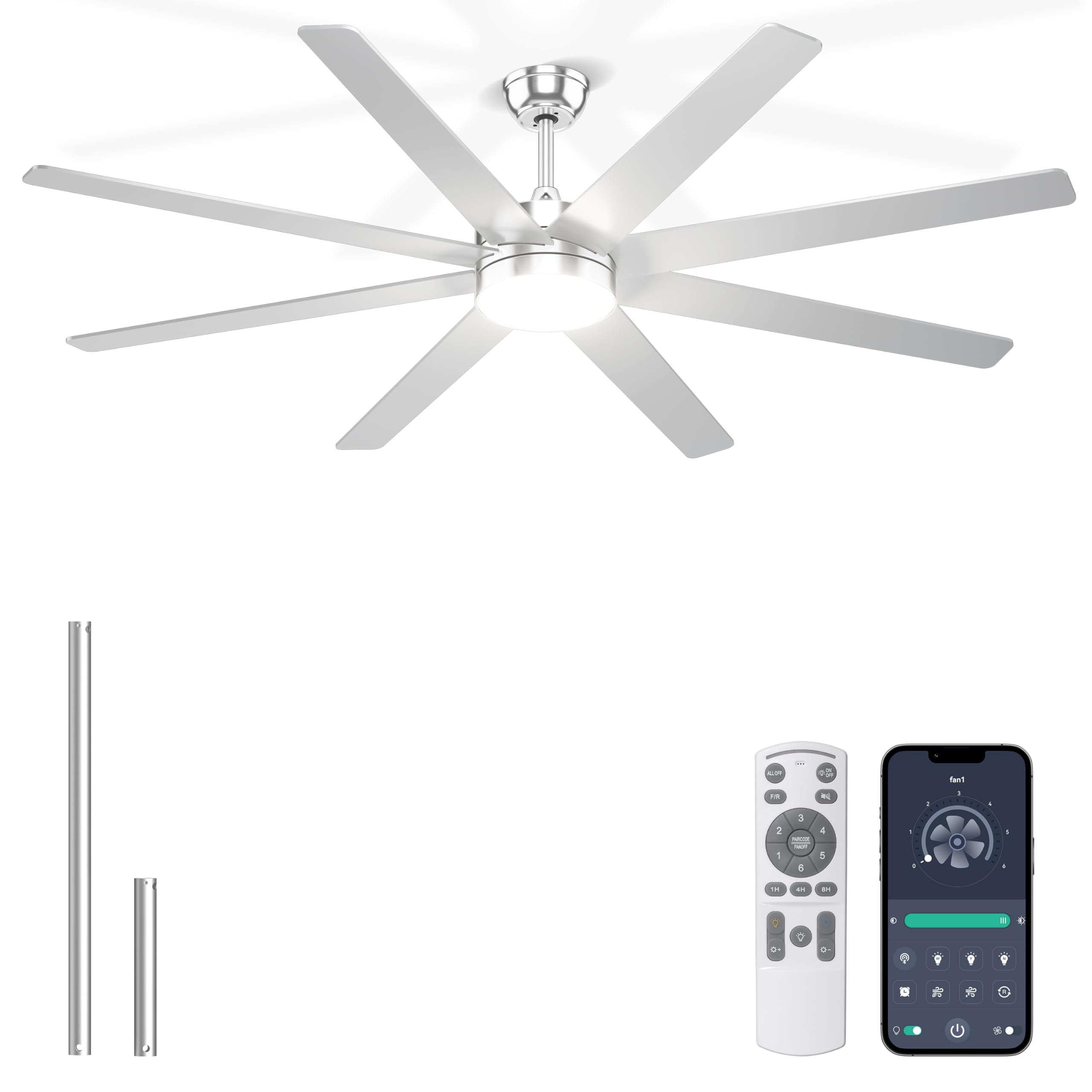 Phylluz 72 Silver Ceiling Fans with Lights, 8 Blades Large Ceiling Fan Remote/APP Control, Dimmable, Silent Big Ceiling Fan fo