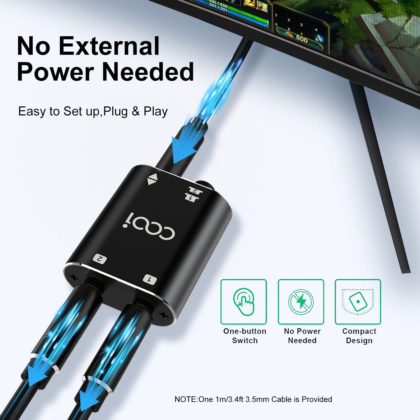 Cooidea 3.5Mm Stereo Audio Switcher(1 In 2 Out /2 In 1 Out) With 3.5Mm Audio Cable, 2 Ports Aux Audio Speaker Selector For Pc Ph