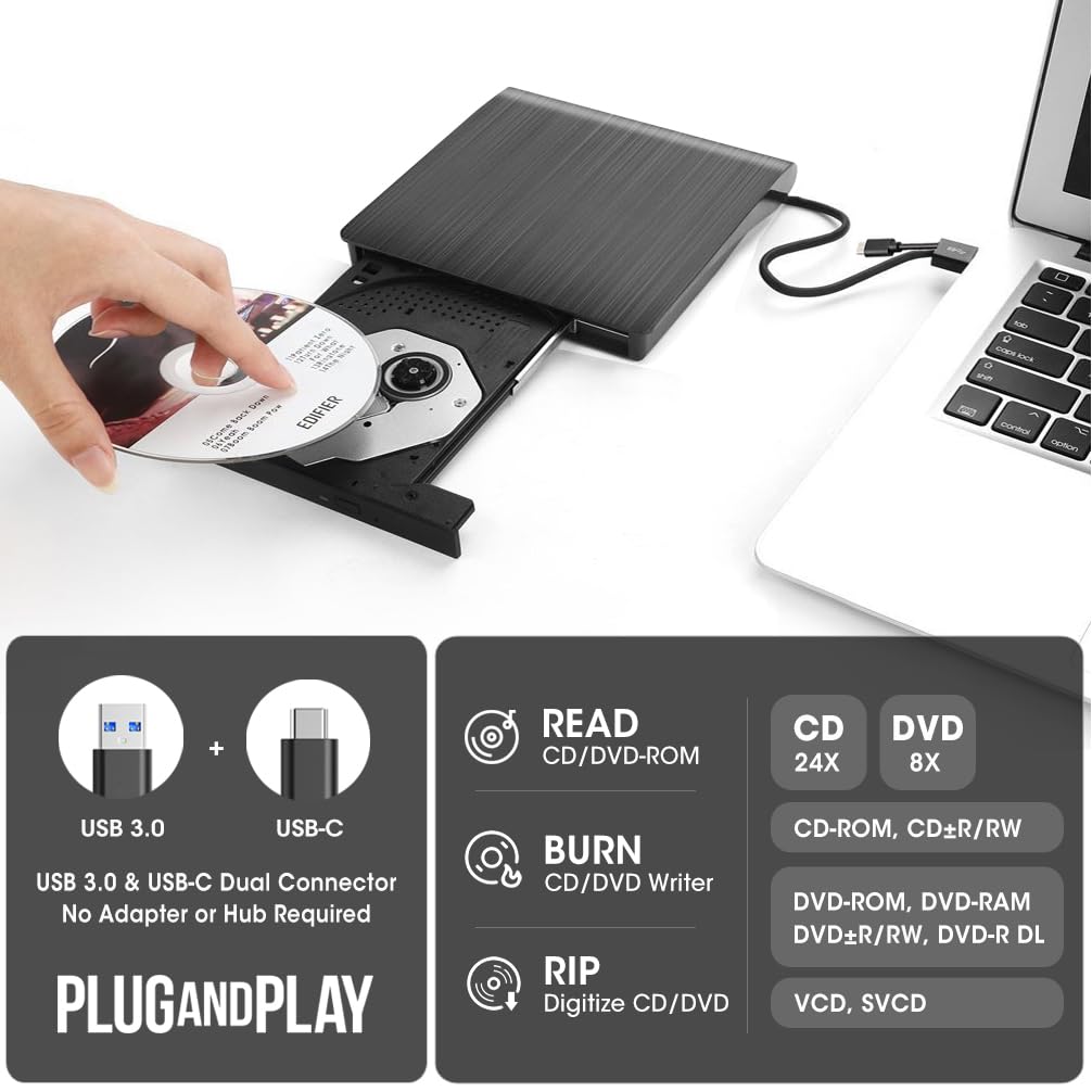 Roofull External Cd Dvd +/ Rw Drive Usb 3.0 & Usb C Portable Cd/Dvd Rom Player Burner Reader Writer Rewriter Optical Disc Drive