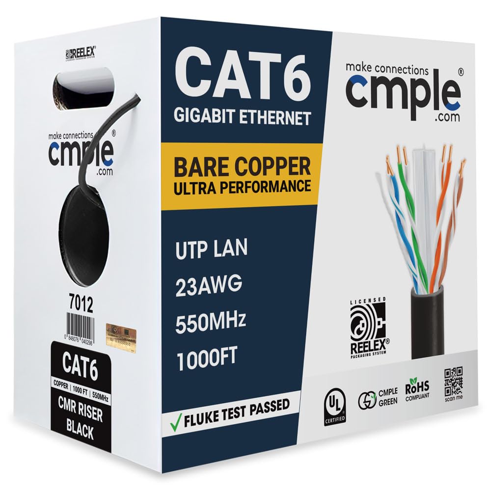Cat 6 Riser Ethernet Cable Black | Ul, Cmr, 23Awg | Bare Copper 1000Ft