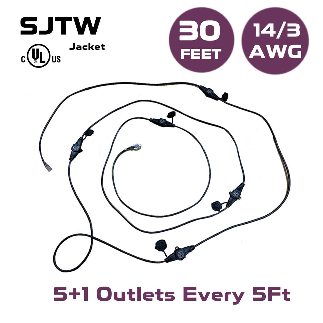 Kutatek 30Ft 14/3 Multi Outlet Heavy Duty Extension Cord, 6 Outlets Evenly Spaced Every 5Ft,Indoor/Outdoor Christmas Lighting, H