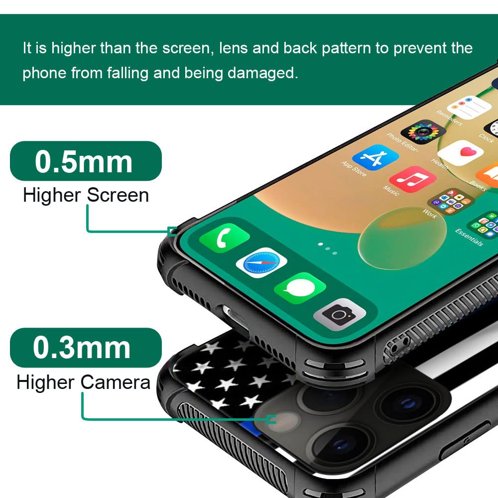 ZHEGAILIAN iPhone 14 Pro Protective Case Tempered Glass TPU Blue Line American Flag 6.1-inch