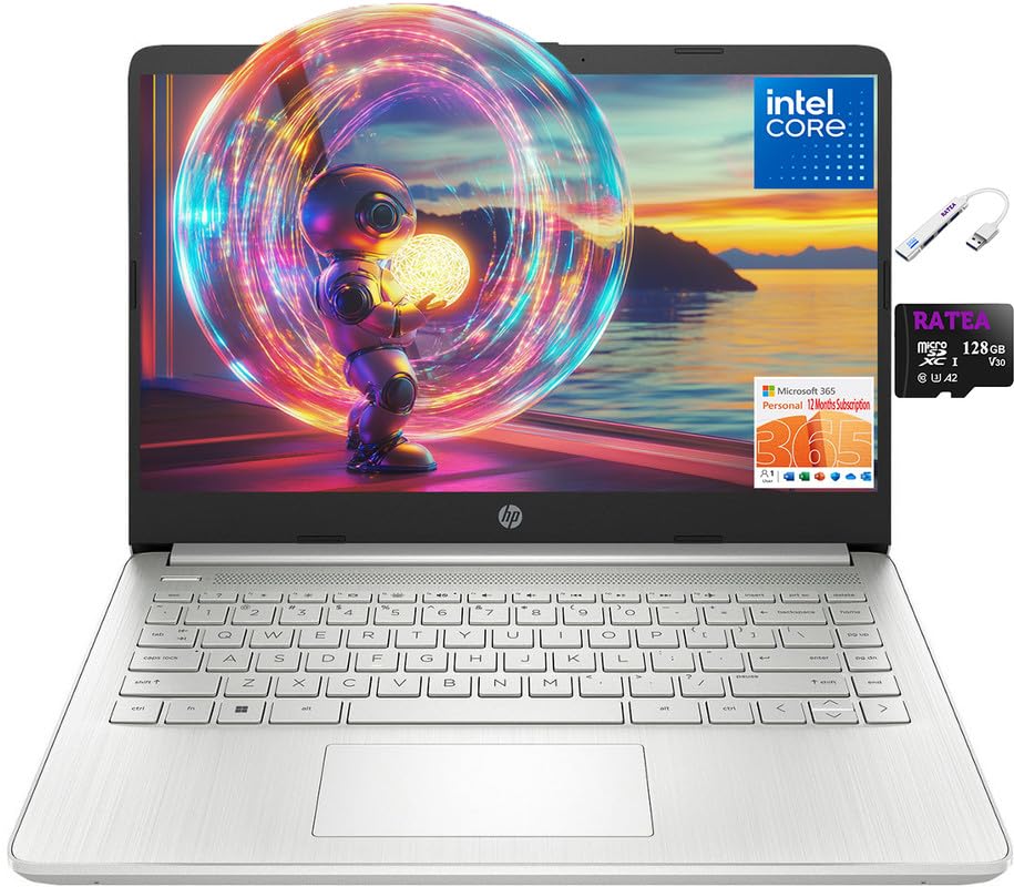 HP 14 HD Laptop for Students&Business, Intel Quad-Core CPU, 16GB RAM, 256GB Storage(128GB eMMC+128GB SD Card), One Year Office 3
