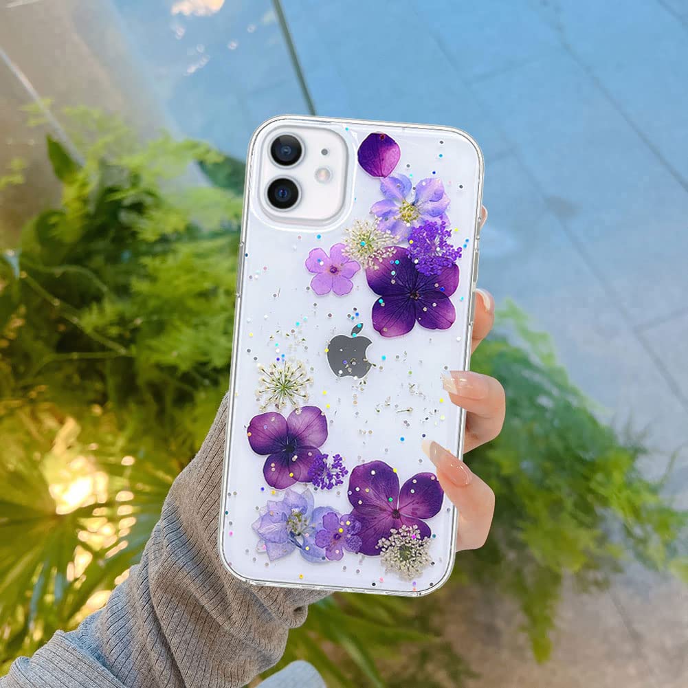 Abbery For Iphone 11 Case Flower Clear With Pressed Dried Real Flower Design Bling Glitter Sparkle Soft Tpu Rubber Purple Aesthe
