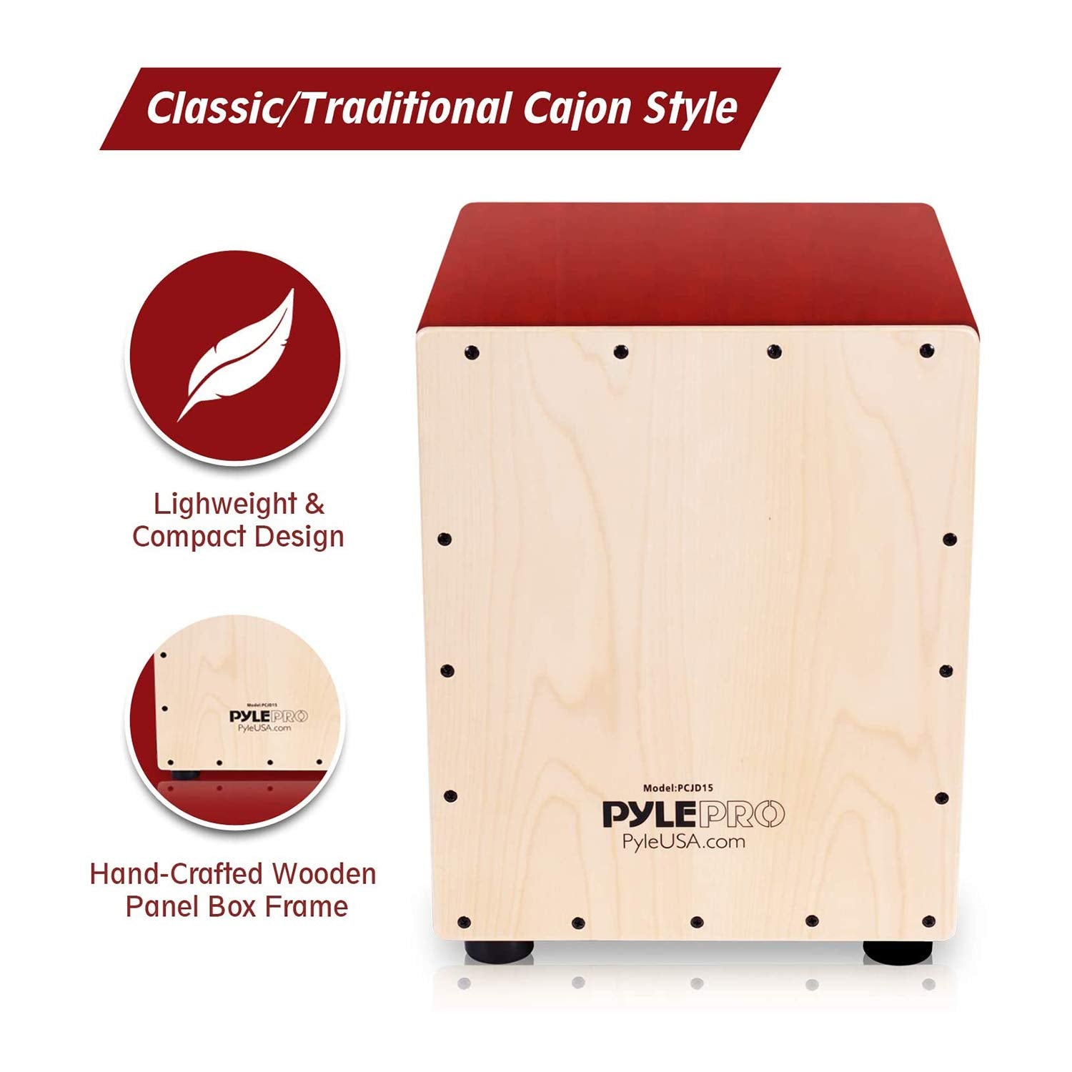 Pyle Stringed Jam Cajon, Handcrafted Birch Wood Percussion Box With Internal Guitar Strings, Compact & Lightweight Acoustic Drum