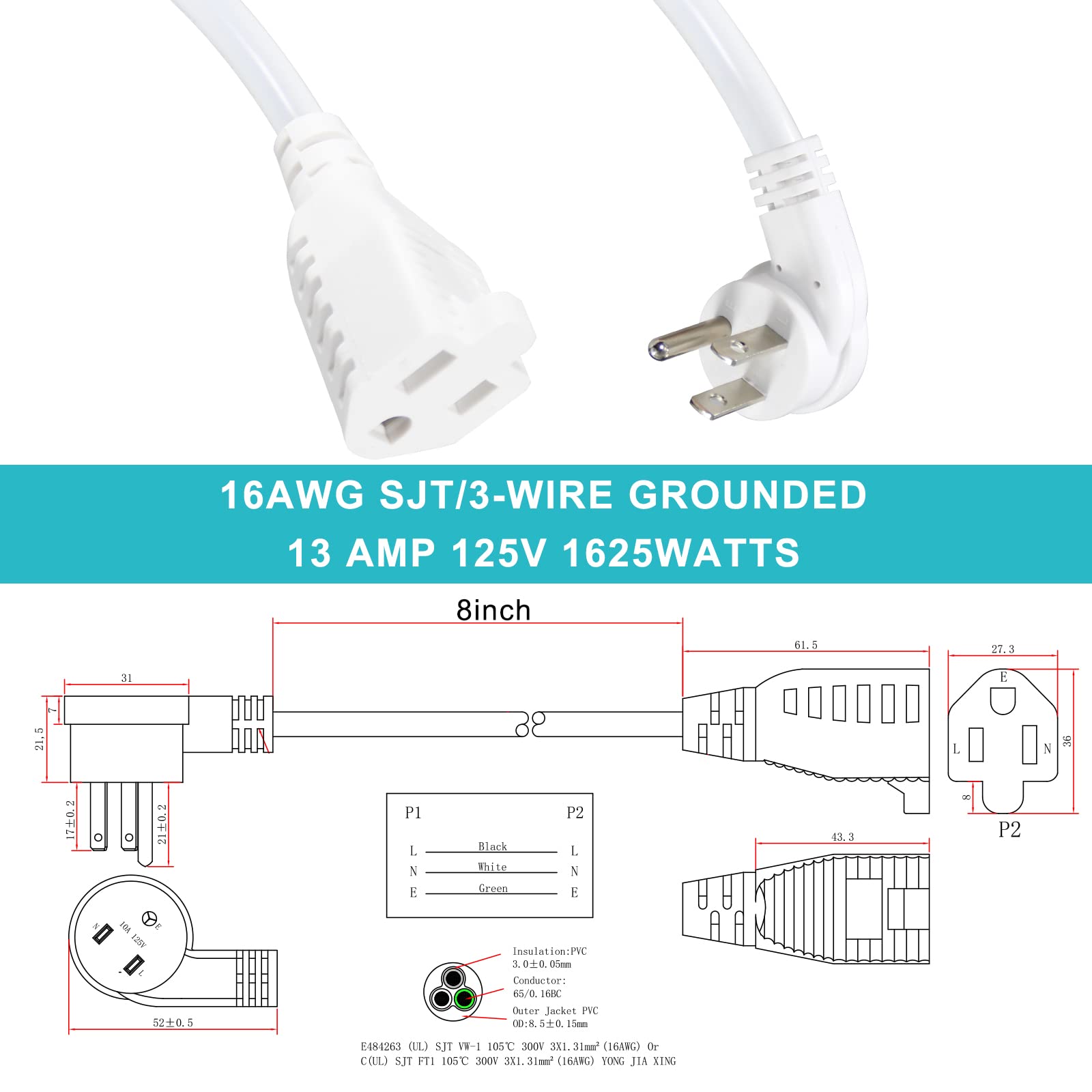 [1 Pack] 8Inch Short Power Extension Cord With Flat Plug  White Low Profile Flat Plug Short 3Prong Grounded Indoor Extension Cor
