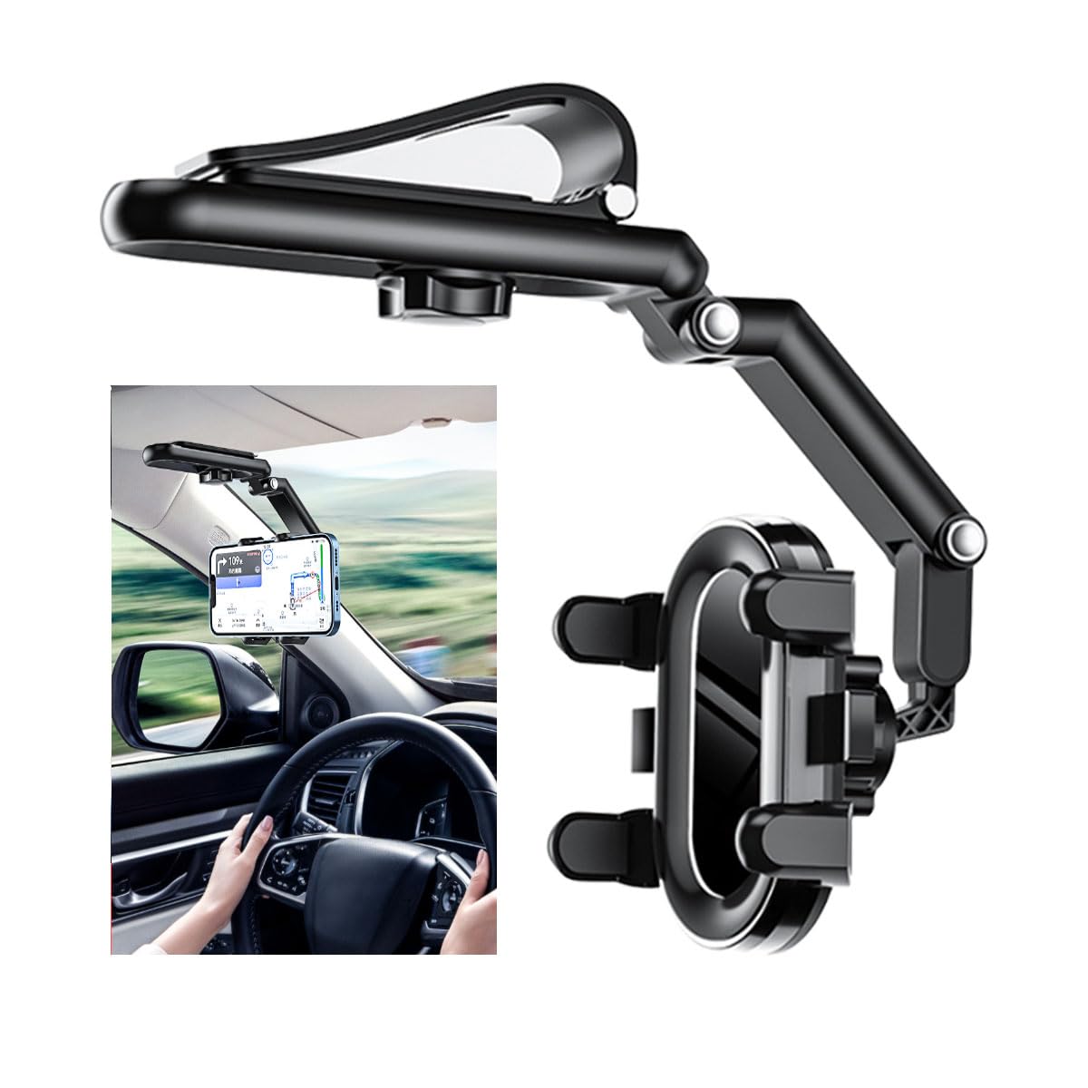 Sun Visor Car Phone Holder, Multifunctional Adjustable Rearview Mirror Cell Phone Holder For Car Home Kitchen, 360 Rotatable And