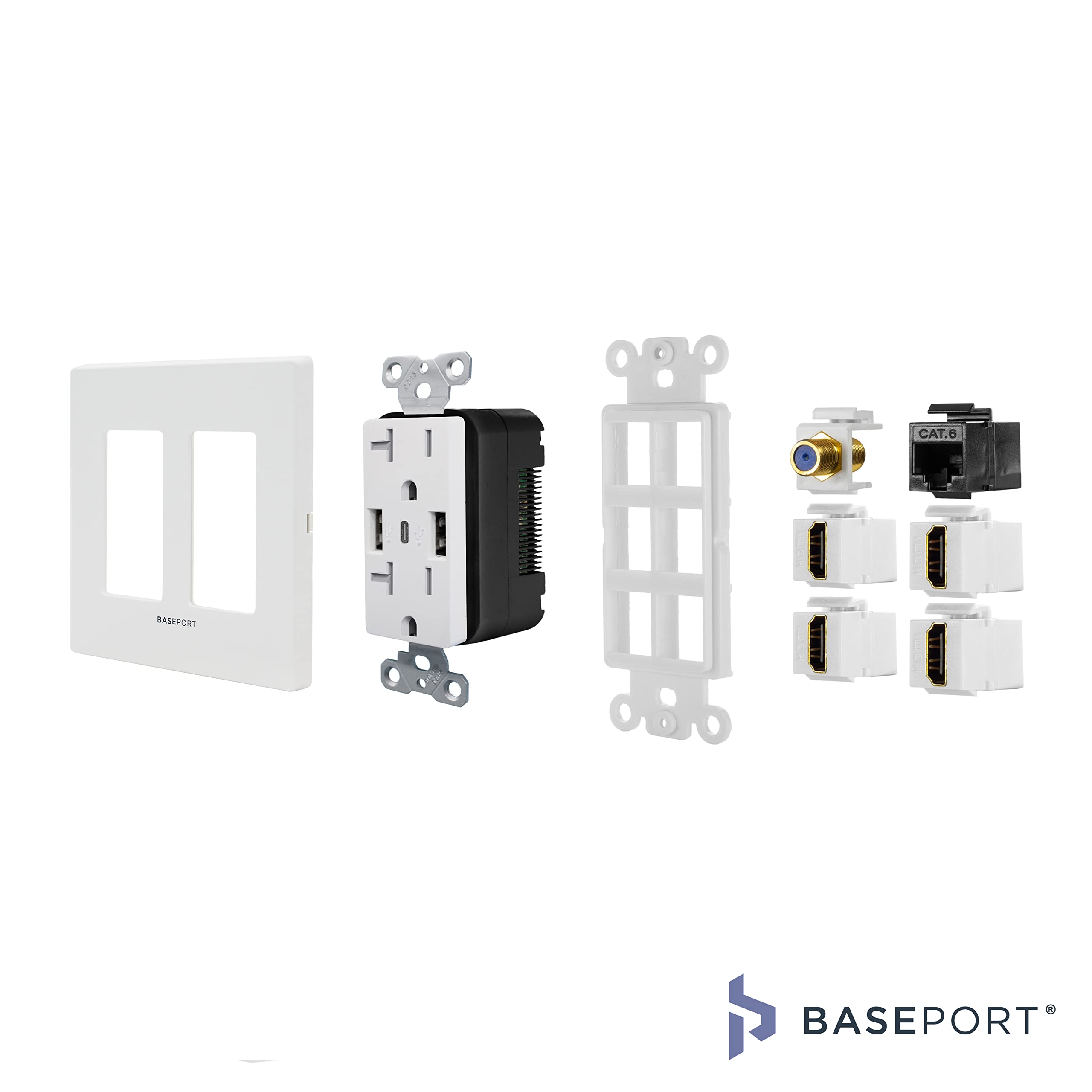 Baseport Premium Media Outlet Wall Plate   6.3A Usb Wall Outlet 2 Usb A 2.0 + 1 Usb C 3.0, 20A Dual Power Outlet, 4 Hdmi Keyston