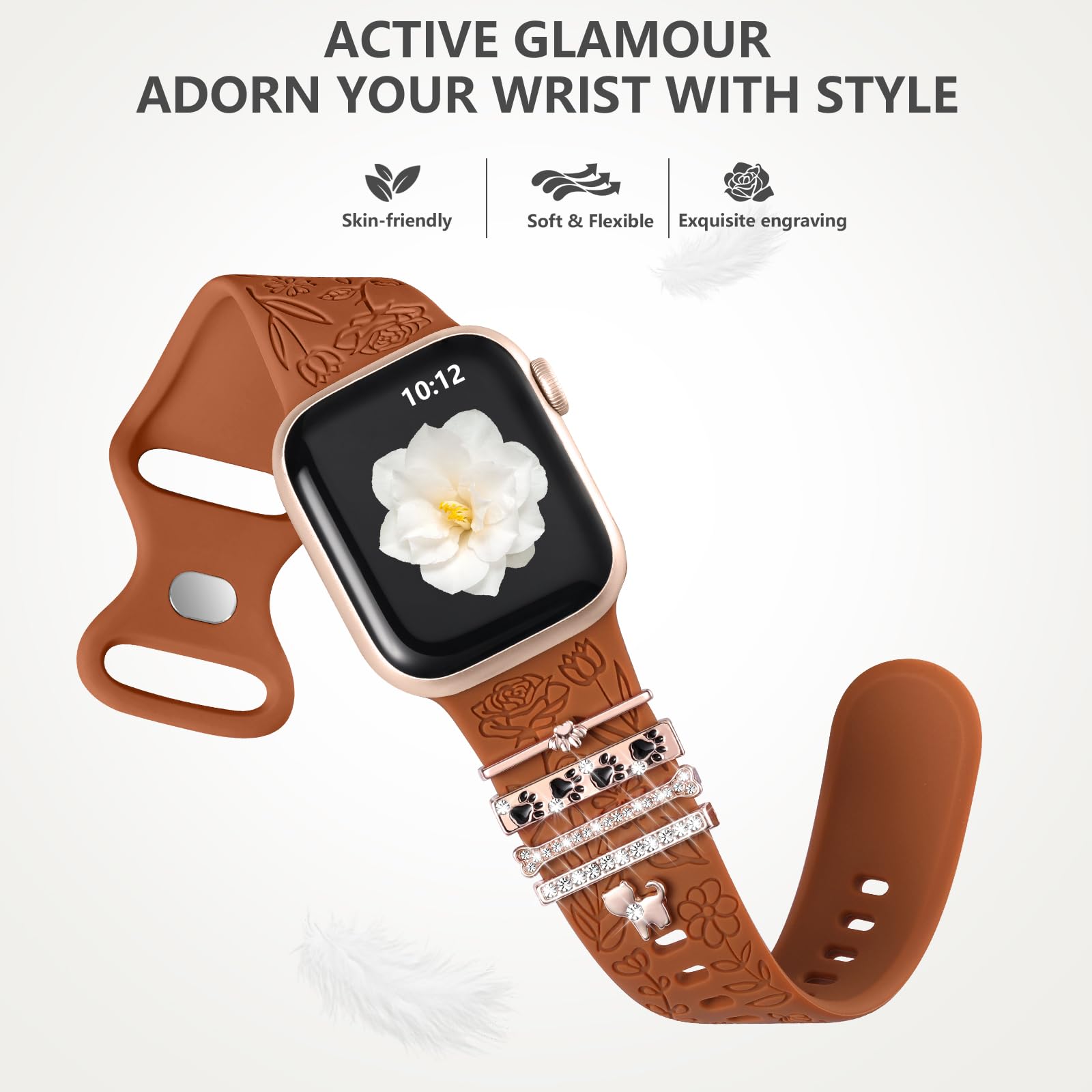 Daqin Flower Engraved Band Compatible With Apple Watch Bands For Women 40Mm 38Mm 41Mm 42Mm, Soft Silicone Band With Decorative A