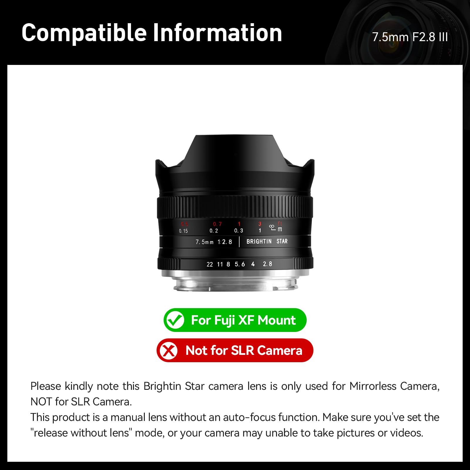 7.5Mm F2.8 Ultra Wide Angle Fisheye Manual Focus Aps C Mirrorless Camera Lens, Fit For Fuji Xf