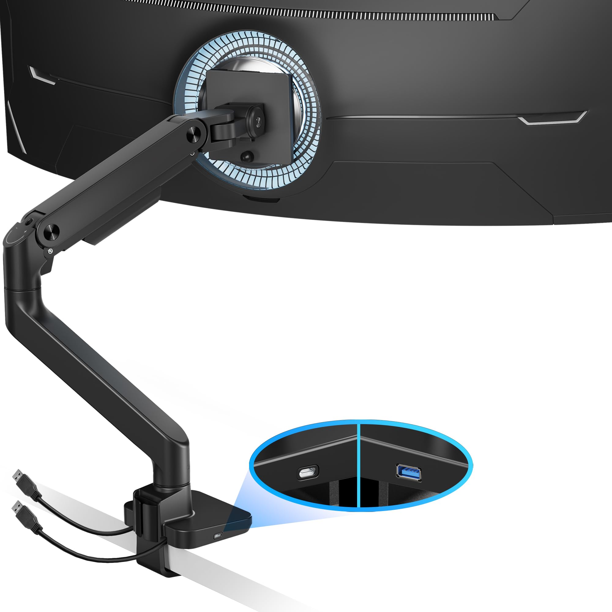 Ares Wing Single Monitor Mount With Usb A/C, Ultrawide Monitor Arm For 17 To 49 Inch Heavy Duty Monitor, Holds 44 Lbs, Adjustabl