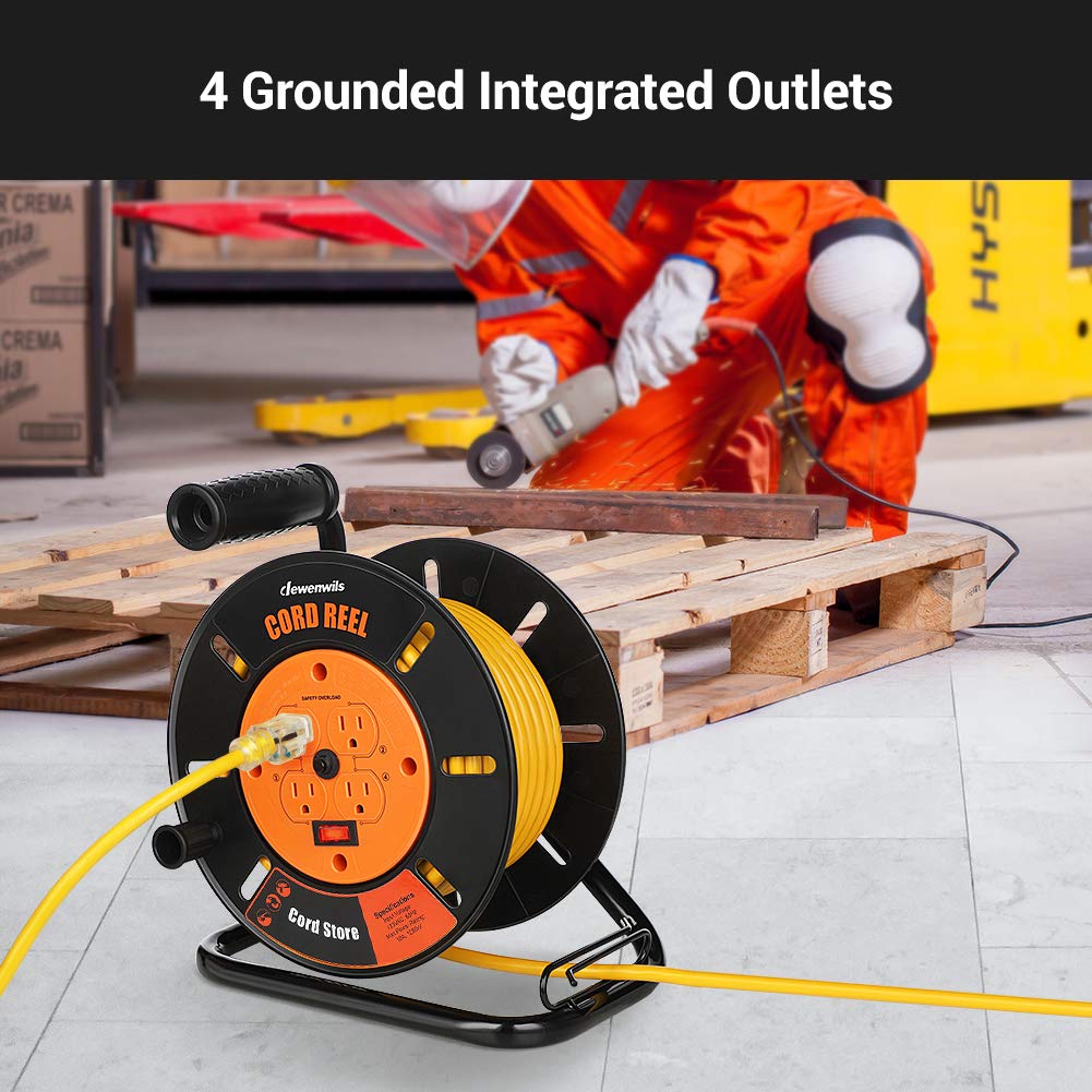 Dewenwils Extension Cord Storage Reel With 4 Grounded Outlets, Heavy Duty Open Cord Reel For 12/3,14/3,16/3 Gauge Power Cord, Ha