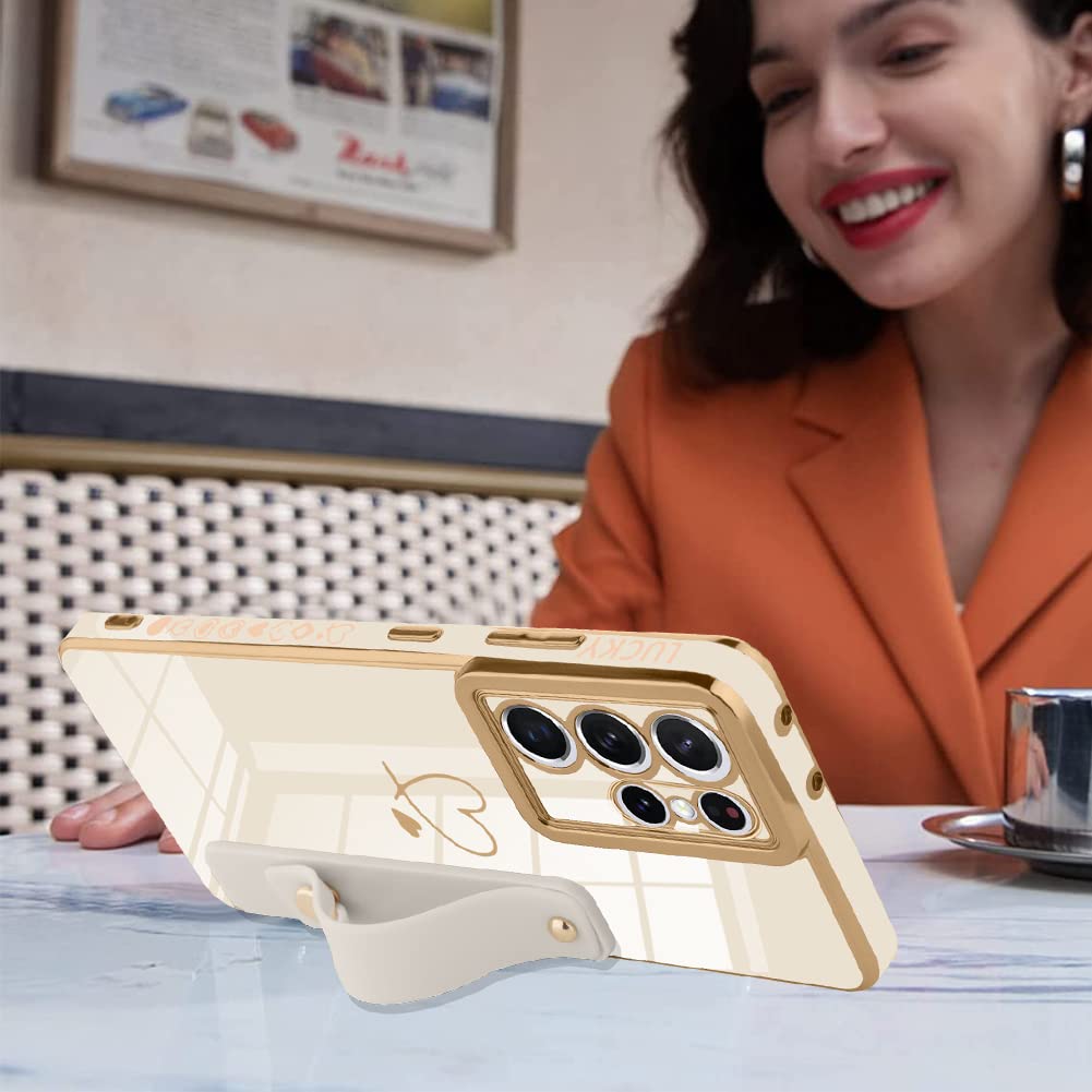 Ziye Galaxy S22 Ultra 5G Luxury Electroplated Case With Strap Love Heart Plating Gold Bumper Cover For Women Girls Anti Scratch