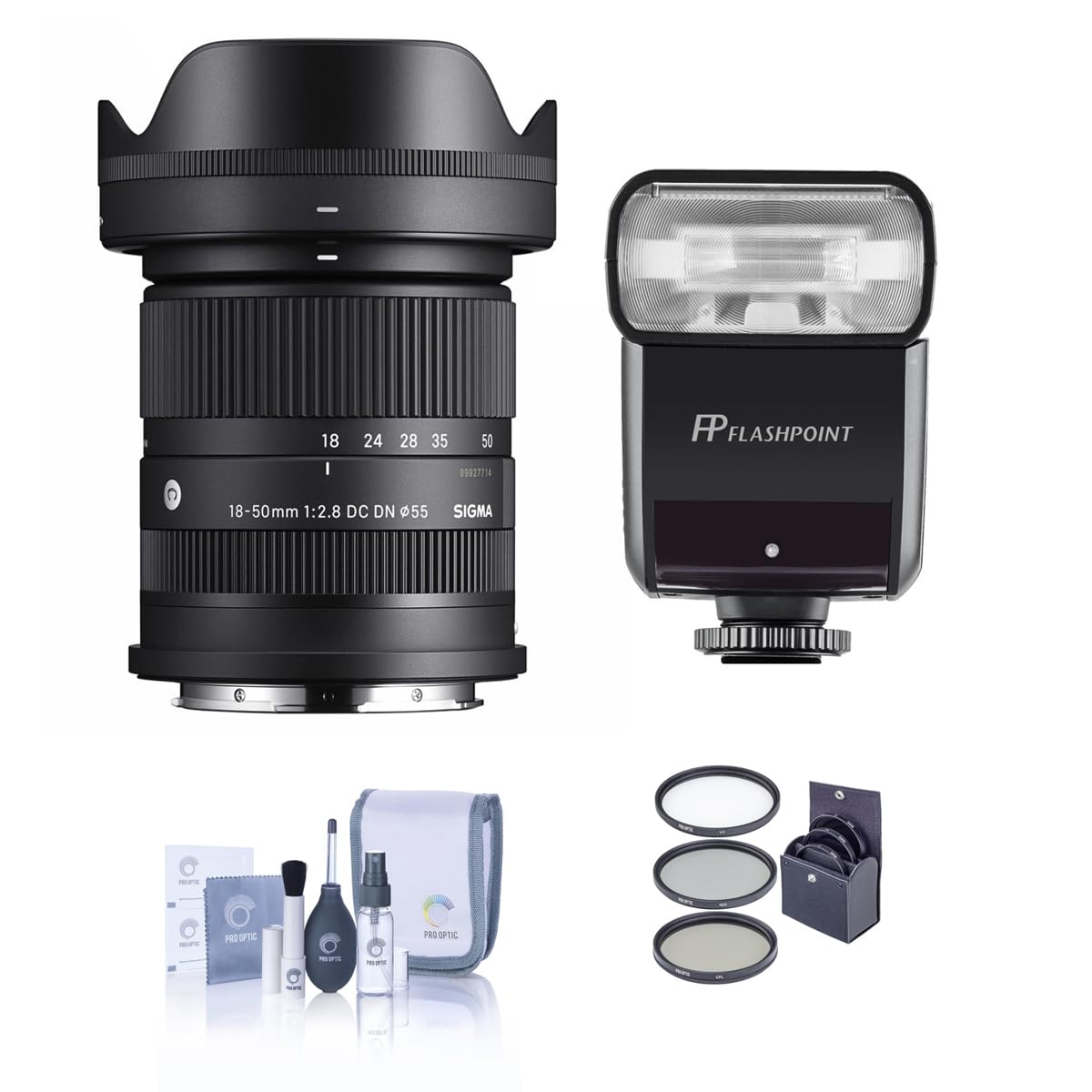 Sigma 18-50mm f/2.8 DC DN Contemporary Lens for Sony E, Bundle with Flashpoint Zoom-Mini TTL R2 Flash, 55mm Filter Kit, Cleaning