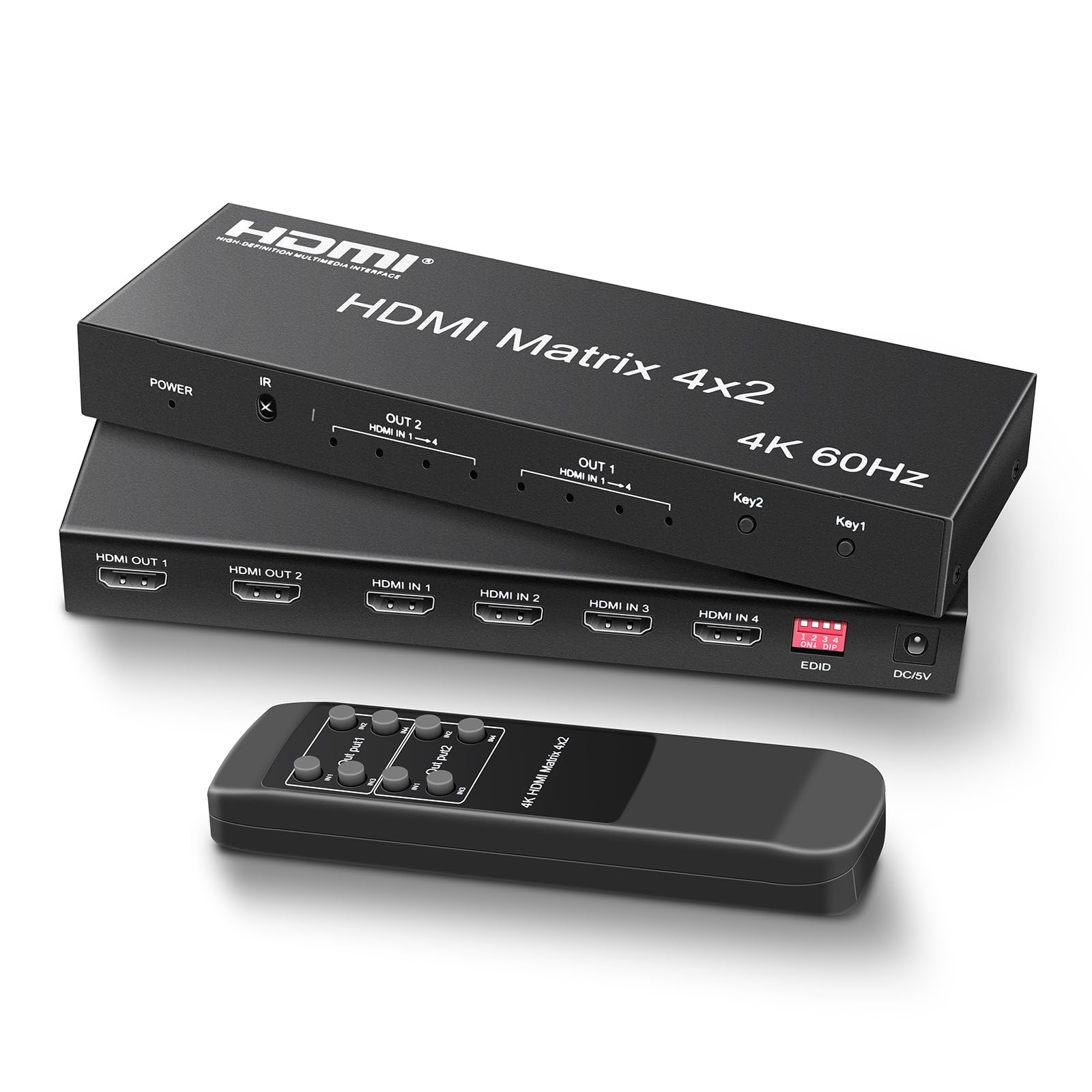 Ferrisa 4X2 Hdmi Matrix, 4K@60Hz 4 In 2 Out Hdmi Switch Splitter With Ir Remote, Hdmi Matrix Switch + Optical + 3.5Mm Audio Output, Support Hdmi2.0, Hdcp2.2, Auto Downscaler, 3D, Audio Extractor