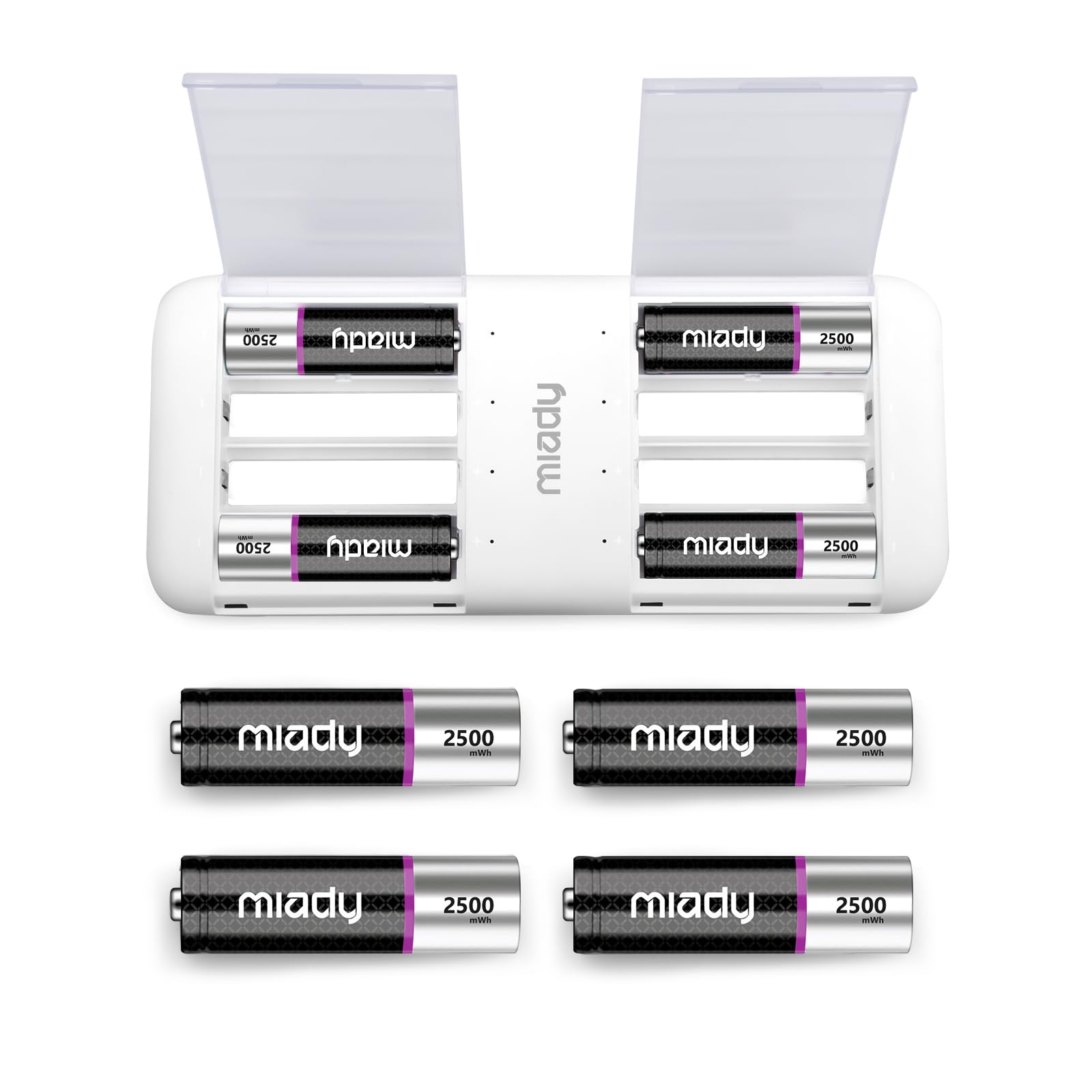 Miady Rechargeable Lithium AA Batteries 8 Pack with Fast Charger, 1.5V 2500mWh High-Power Lithium Batteries AA,Low Self-Discharg