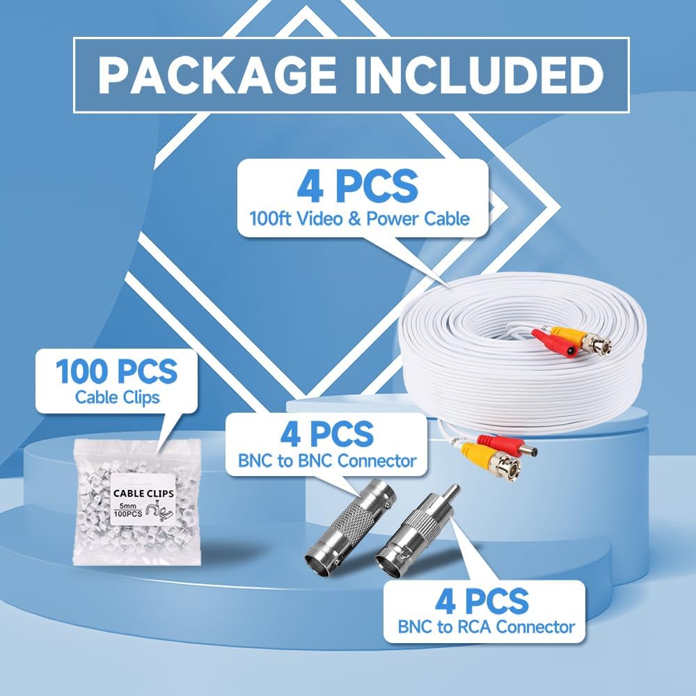 Anlink 4 Pack 100Ft/30M All In One Video Power Cables, Bnc Extension Surveillance Camera Wires For Cctv Security Dvr System Inst